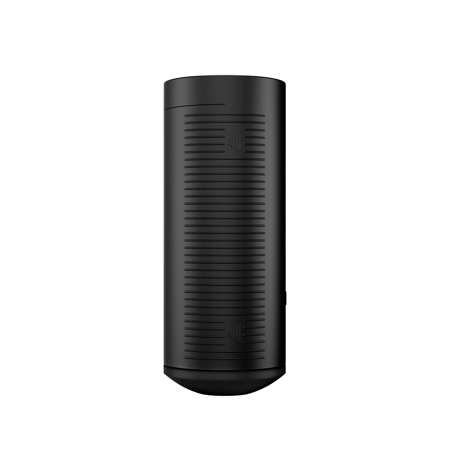 Czarna, cylindryczna zabawka erotyczna z pionowymi liniami, na białym tle.