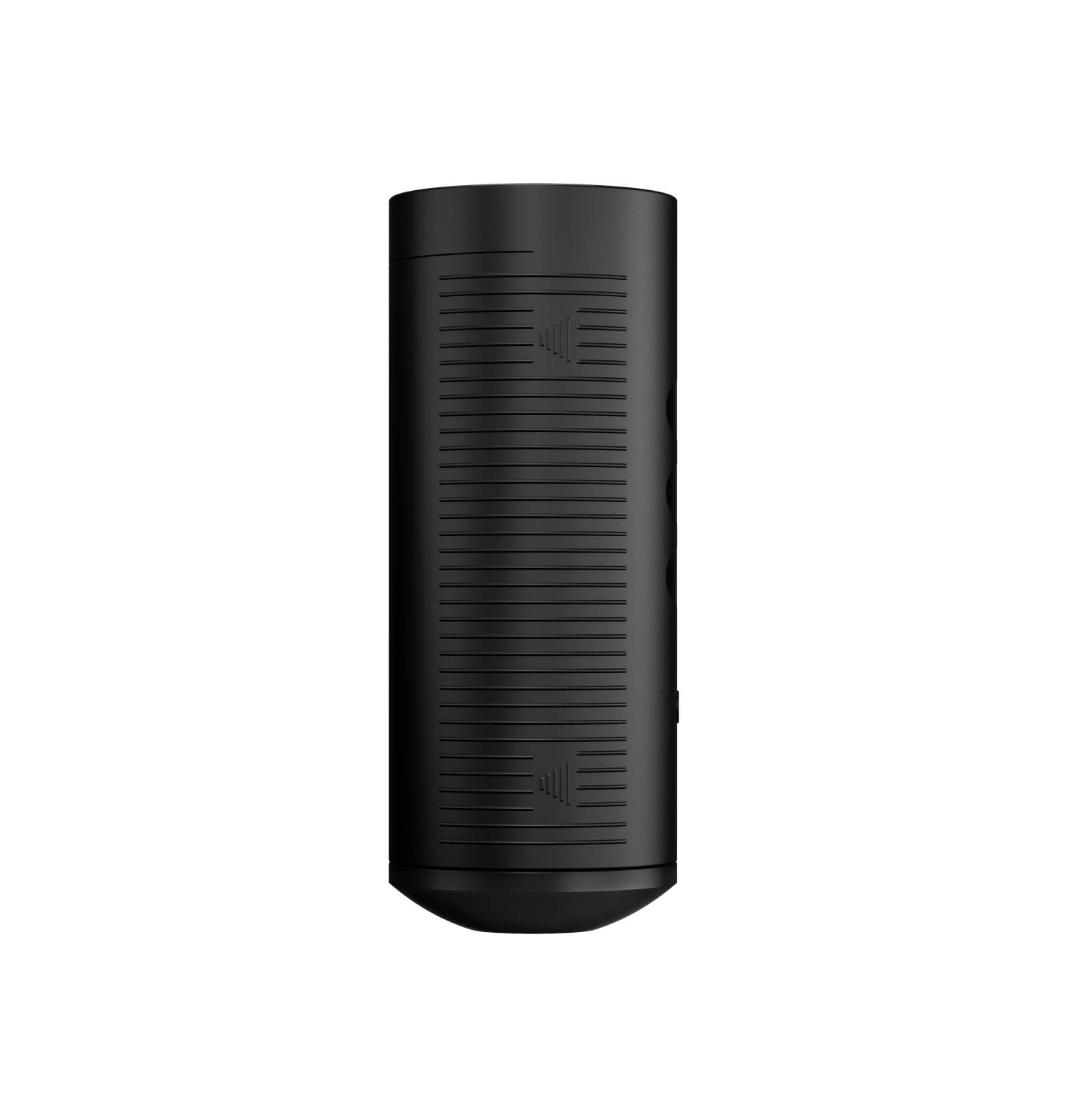 Czarna, cylindryczna zabawka erotyczna z pionowymi liniami i gładką podstawą, na białym tle.