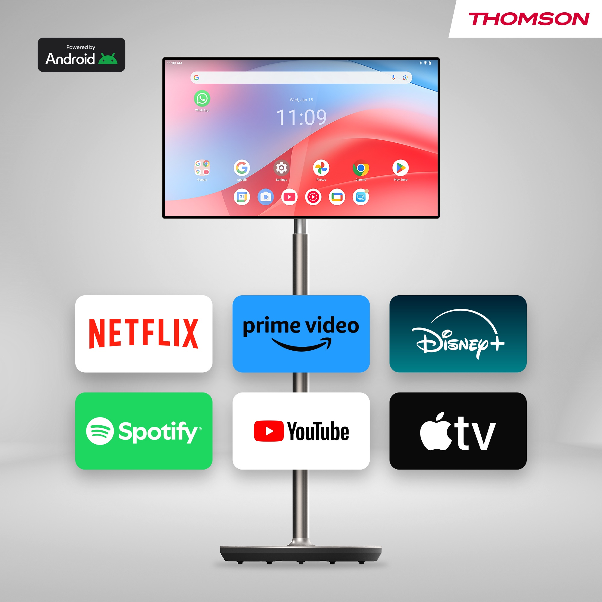 Czarny ekran telewizora na stojaku, wyświetlający ikony aplikacji. Netflix, Prime Video, Disney+, Spotify, YouTube i Apple TV.