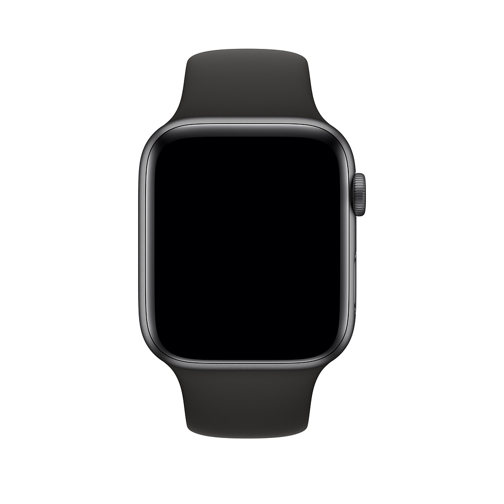 Czarny Apple Watch z czarnym paskiem. Tarcza zegarka jest czarna i pusta.