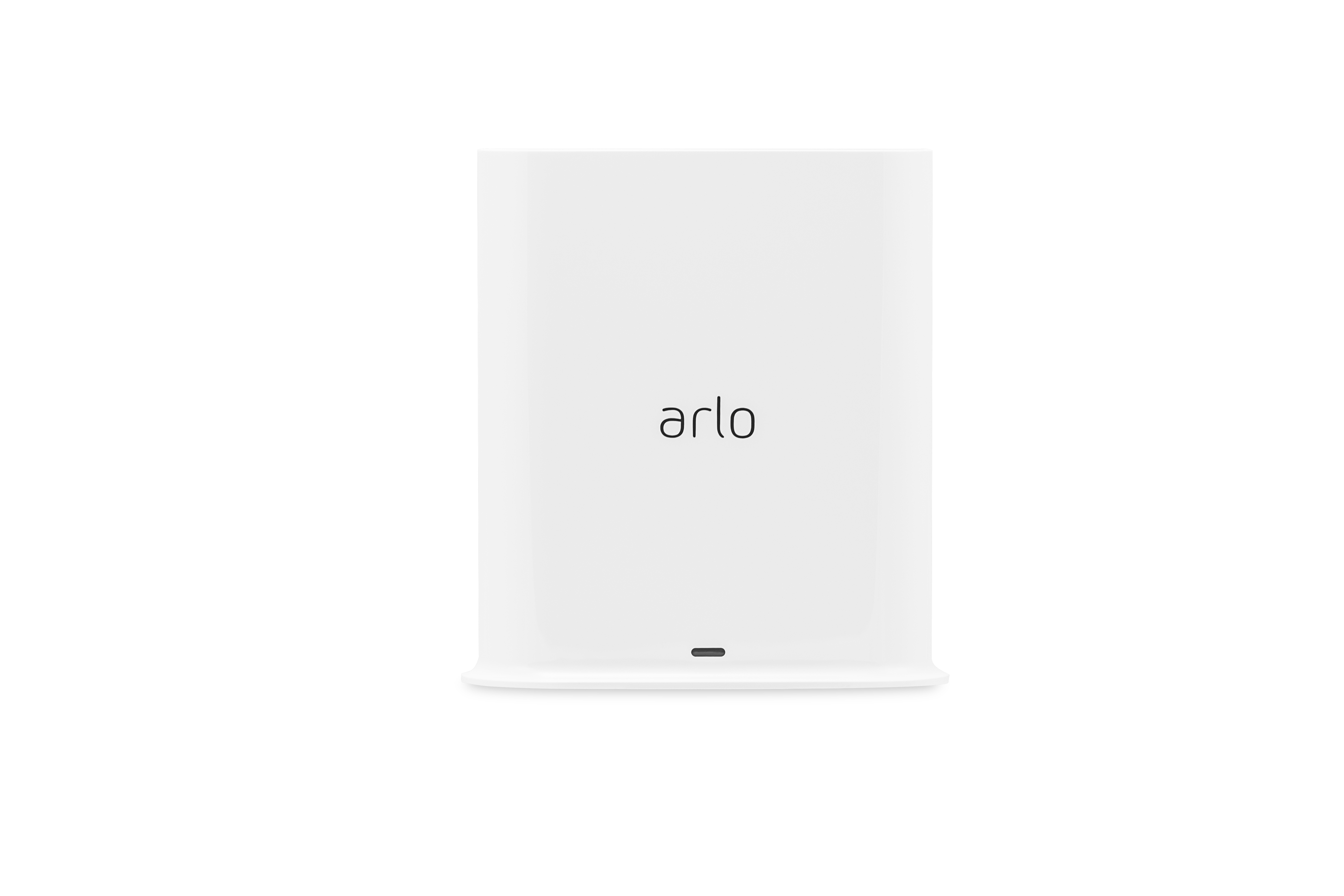 Una stazione base Arlo bianca con il nome del marchio stampato in nero. Ha una piccola porta in basso.