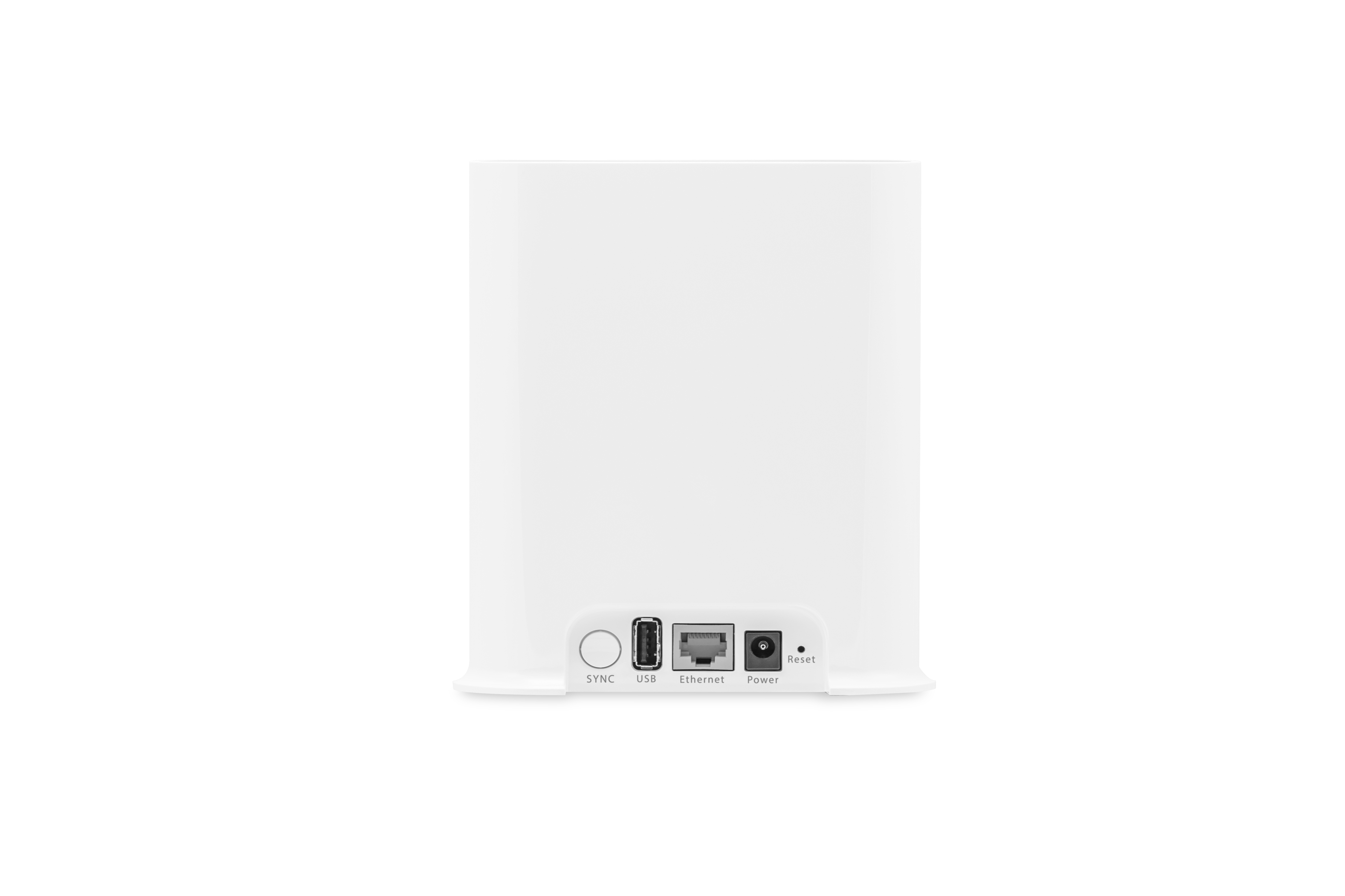Dispositivo bianco, vista posteriore, con porte e pulsanti. Il logo Arlo è sulla parte anteriore.