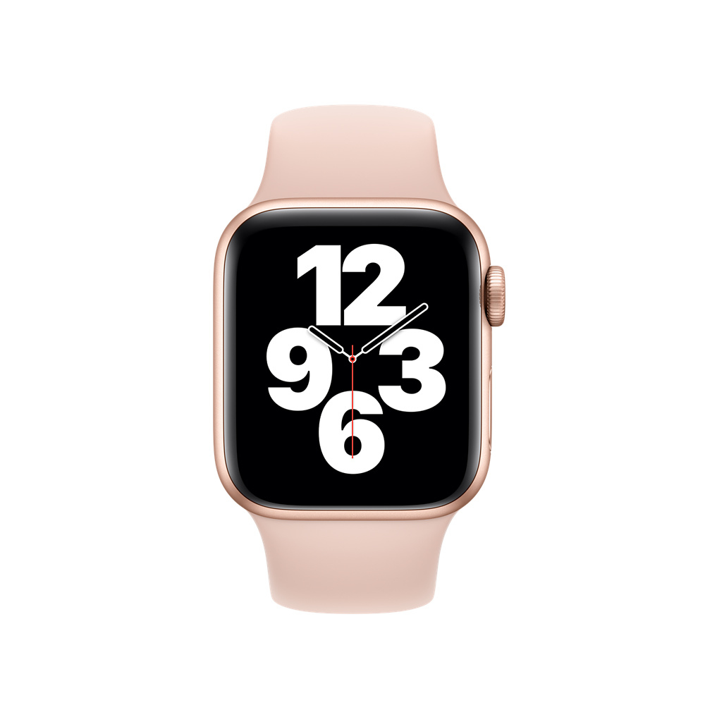 Roségoldene Apple Watch mit blush Sportarmband. Display zeigt 12, 9, 3, 6.