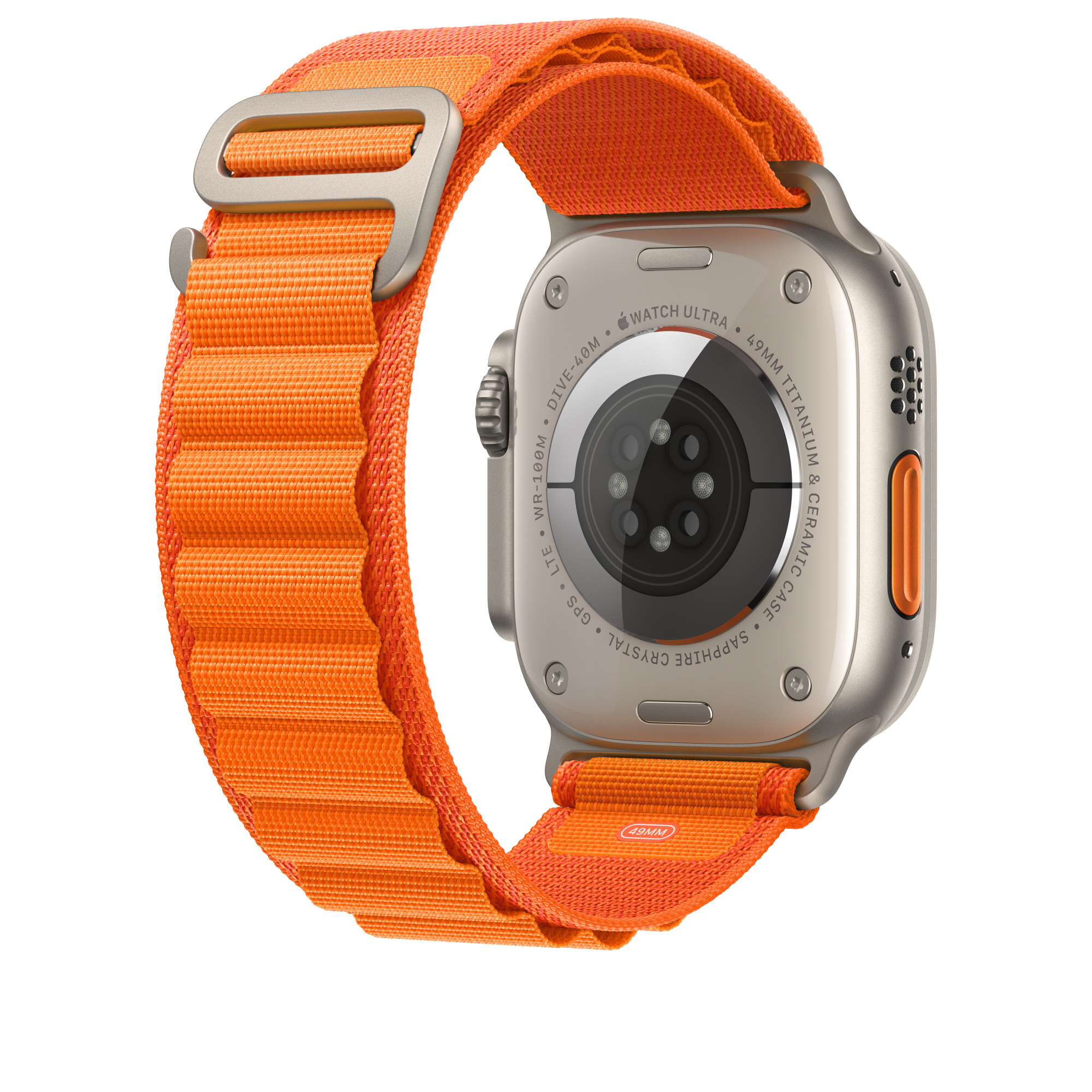 Zilveren Apple Watch Ultra met oranje band. Achterkant toont sensoren. Oranje knop.
