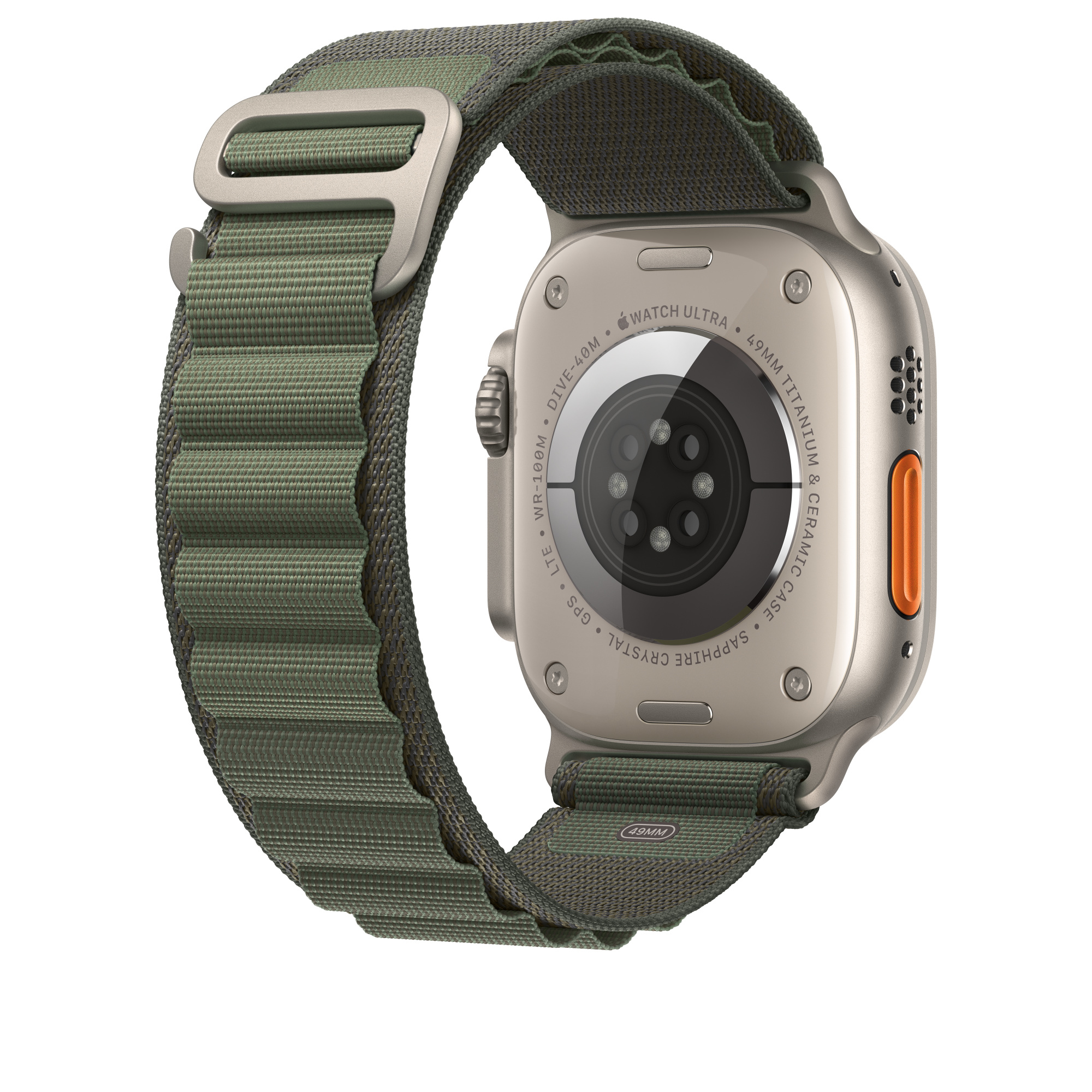 Back of silver Apple Watch Ultra with green band. Has black and orange details.