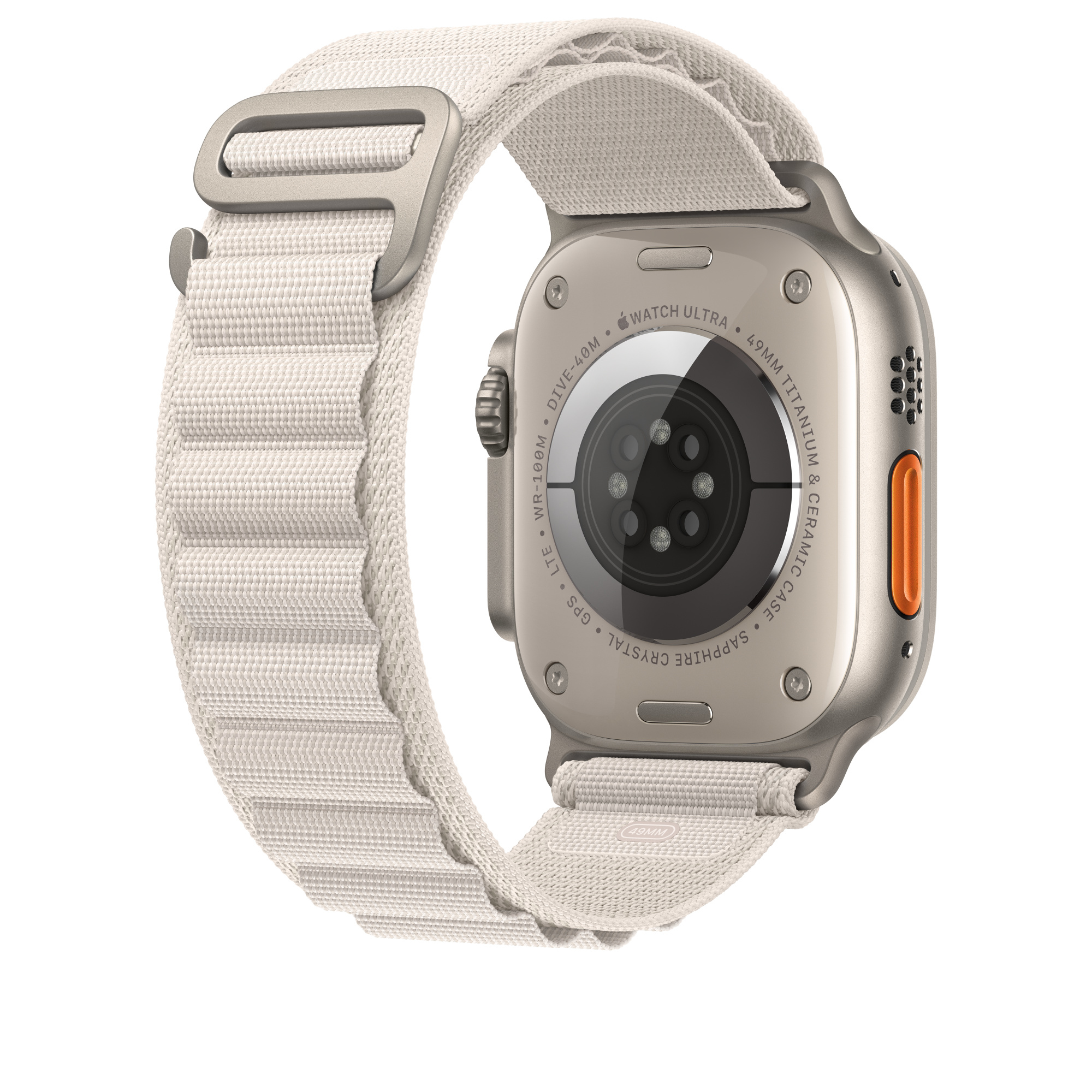 Back of silver Apple Watch Ultra with white band. Has black and orange details.