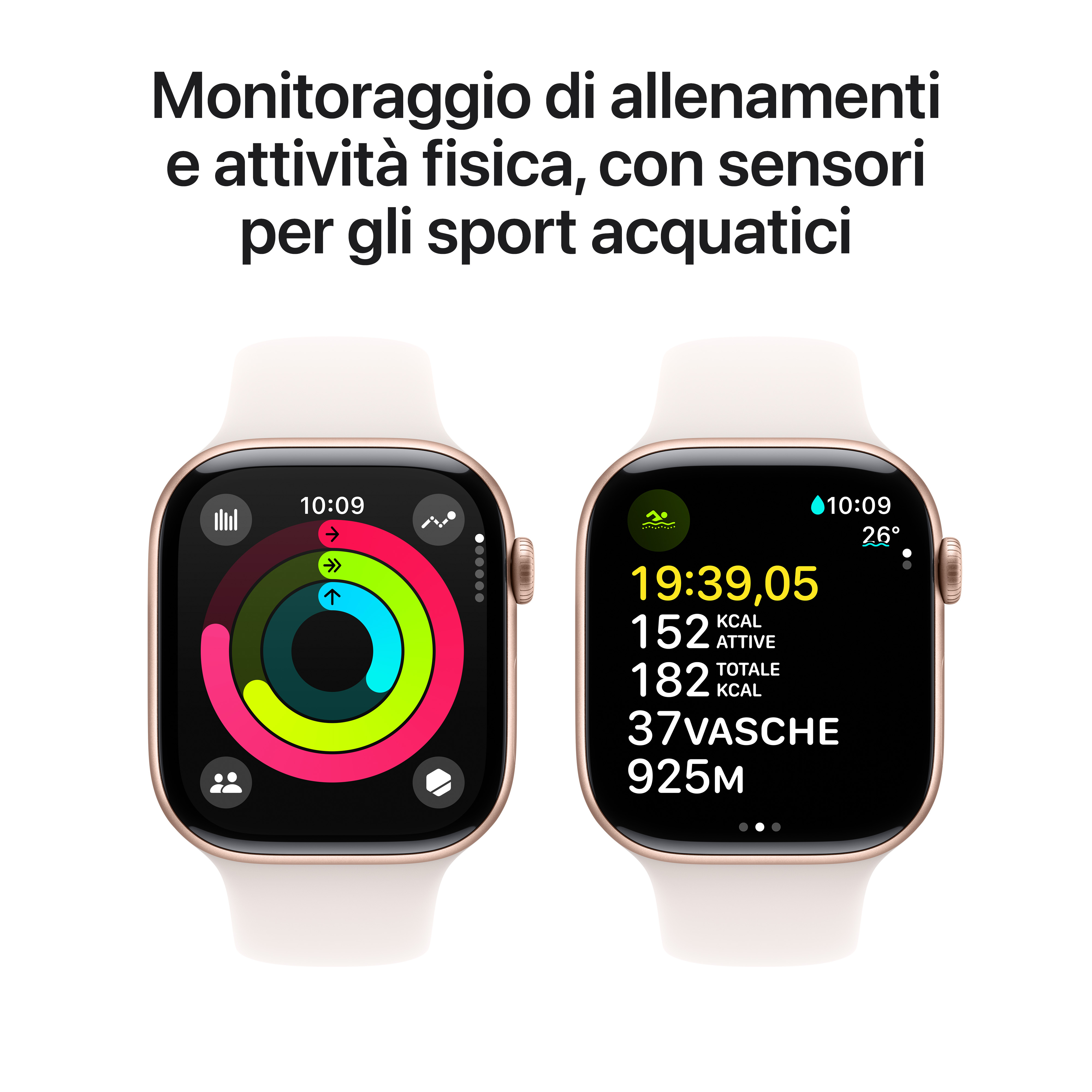 Apple Watch wyświetla dane treningowe. Pokazuje wskaźniki ćwiczeń, w tym czas, kalorie i dystans.