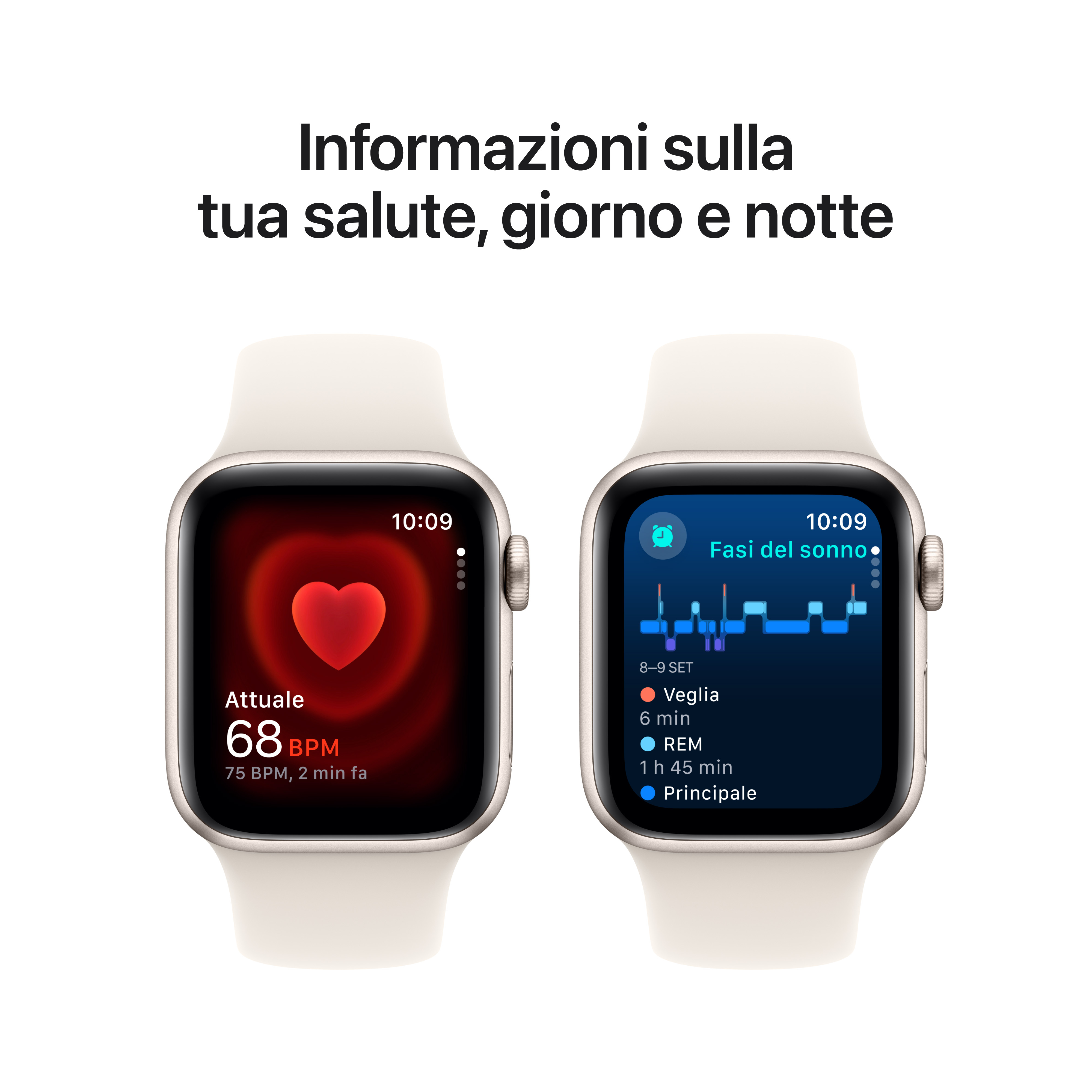 Dos smartwatches muestran datos de salud: frecuencia cardíaca y fases del sueño. Fondo blanco.