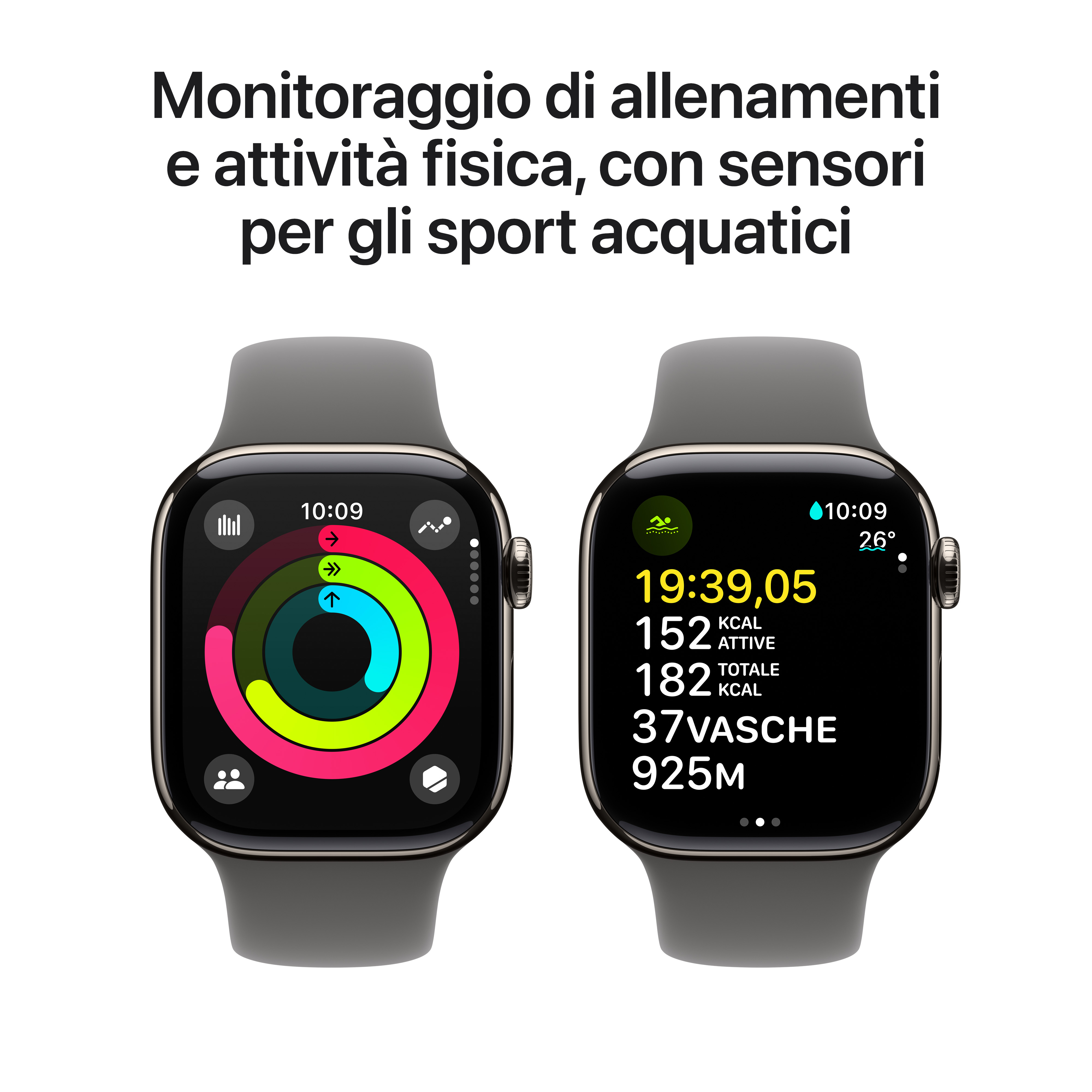 Due smartwatch mostrano dati di attività con un display ad anello colorato. Sfondo bianco.