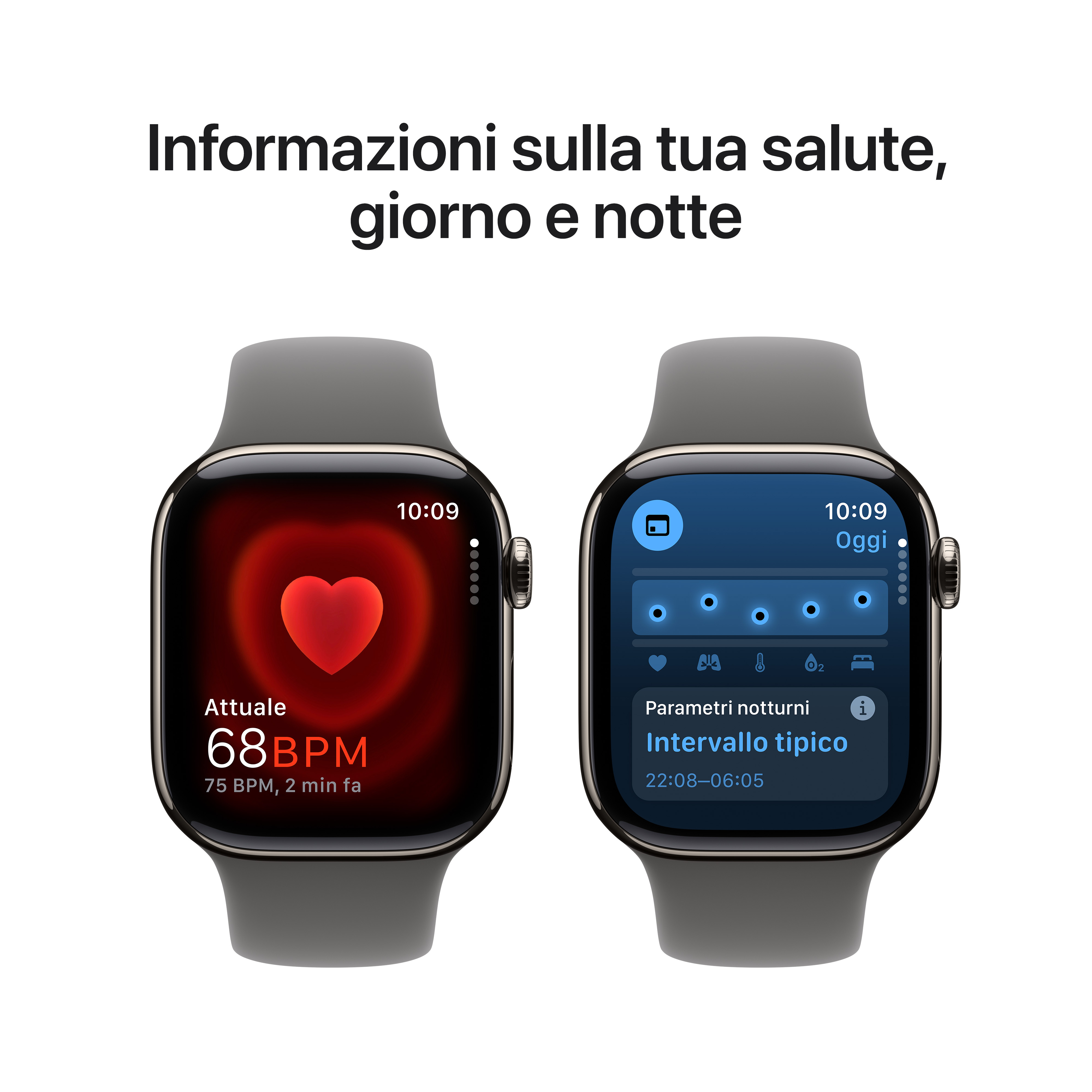 Due smartwatch mostrano dati sanitari: frequenza cardiaca e fasi del sonno. Sfondo grigio.