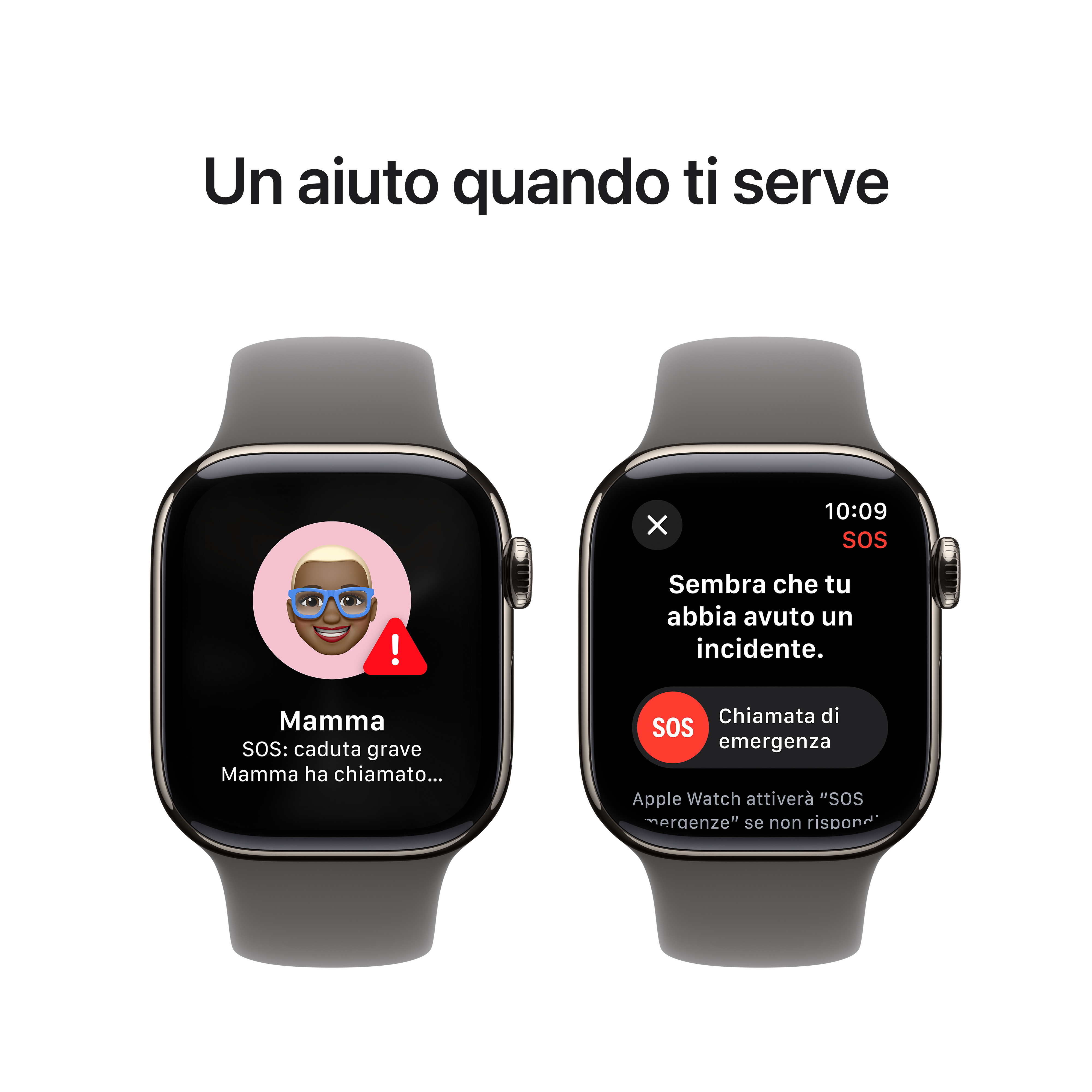 Due smartwatch mostrano una chiamata di emergenza per rilevamento caduta. Sfondo bianco.