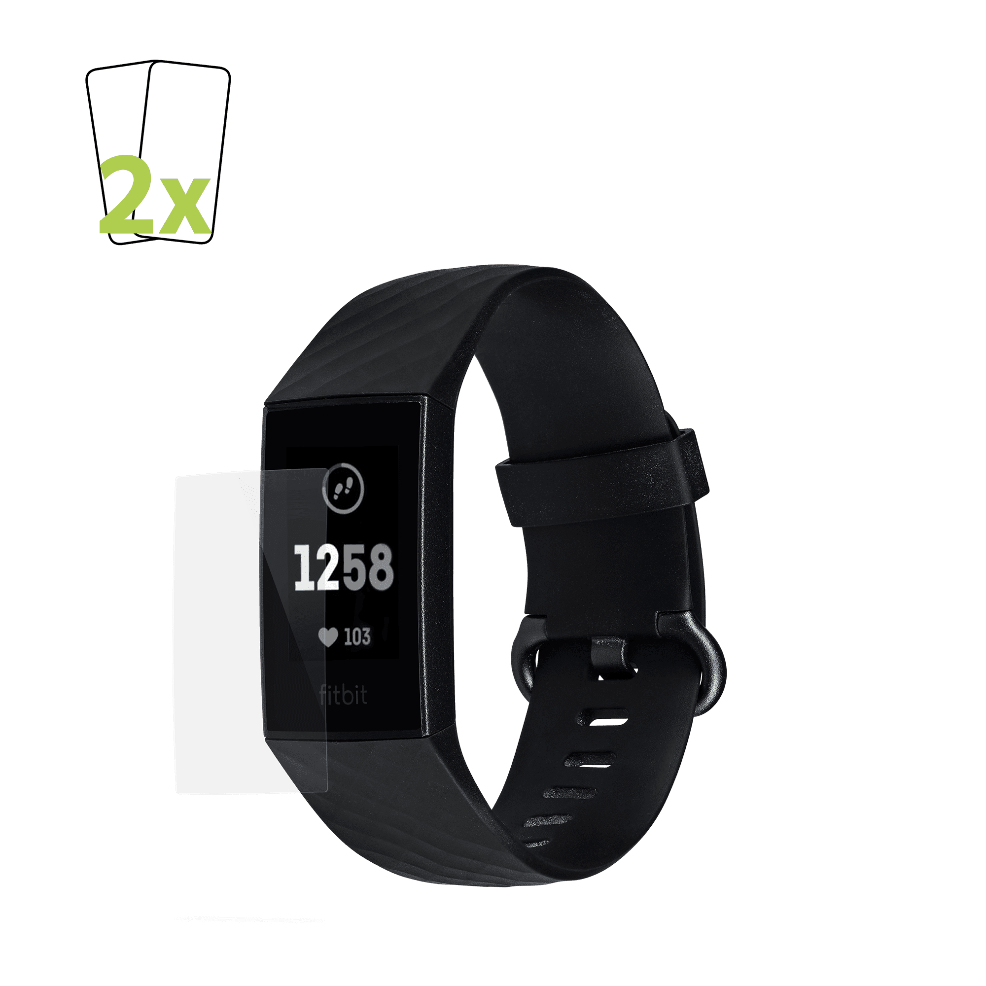 Un rastreador de fitness negro que muestra 1258 pasos y 103 de frecuencia cardíaca. Un protector de pantalla está encima.