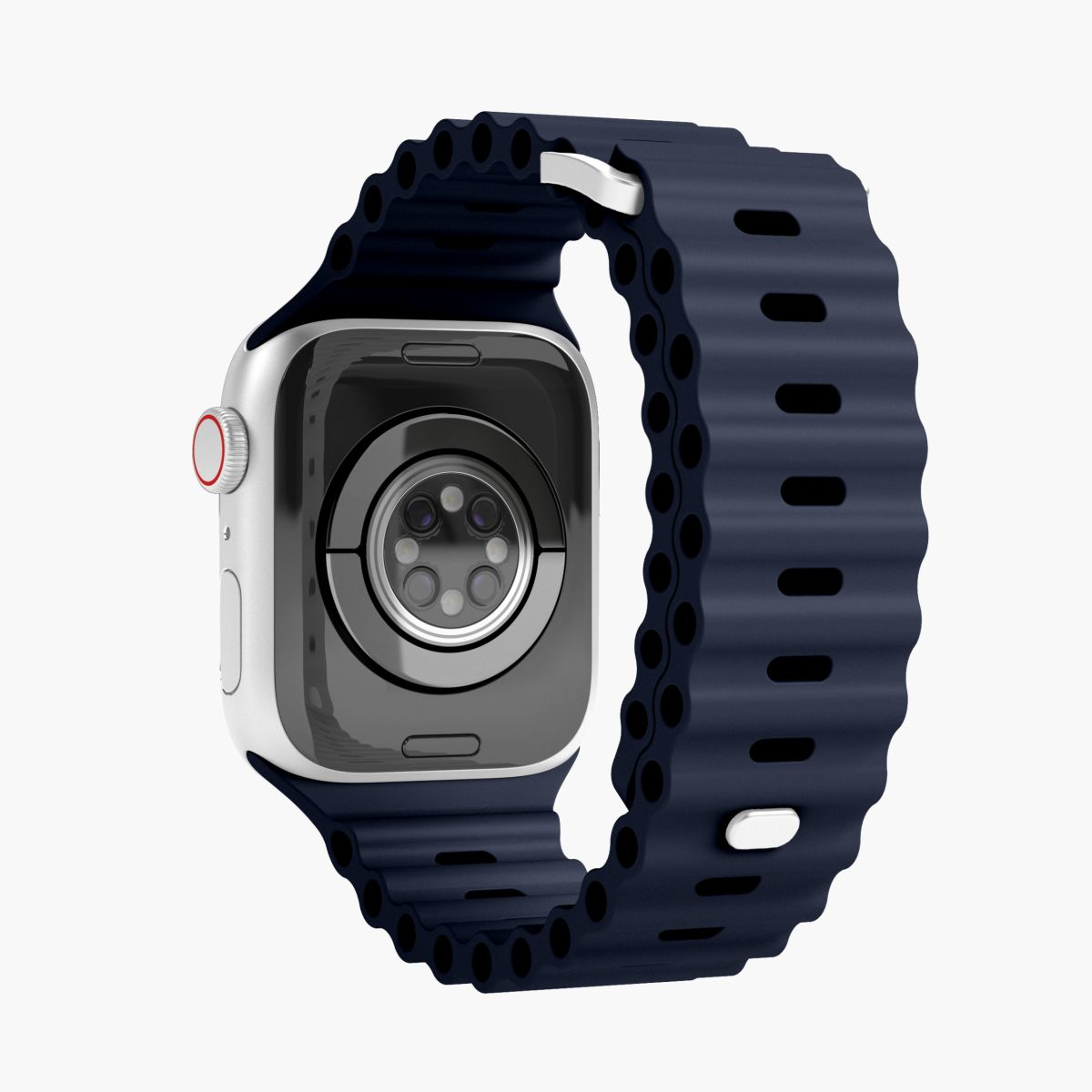 Apple Watch Rückansicht. Blaues, wellenförmiges Armband. Details der Uhr sichtbar.