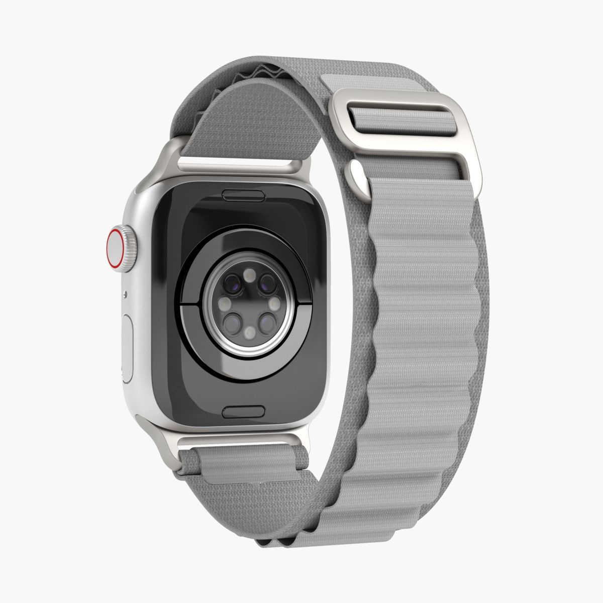 Widok z tyłu Apple Watch. Srebrna obudowa, szary pasek.