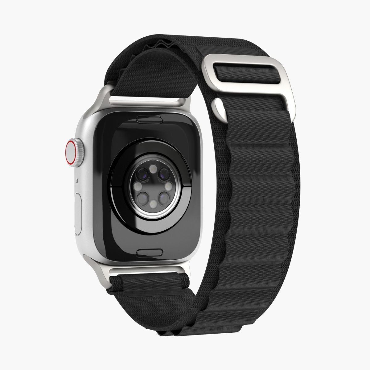 Rückseite der silbernen Smartwatch mit schwarzem Armband. Schwarzer Sensorbereich. Weißer Hintergrund.