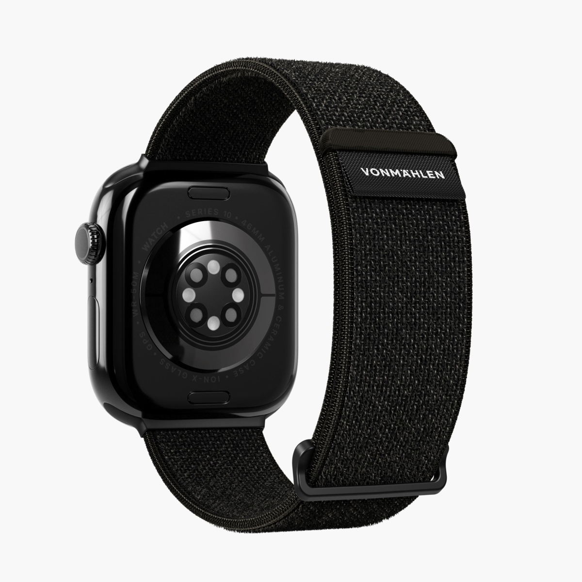 Czarny Apple Watch z czarnym paskiem. Tył pokazuje czujnik, logo Vonmählen i zapięcie paska.