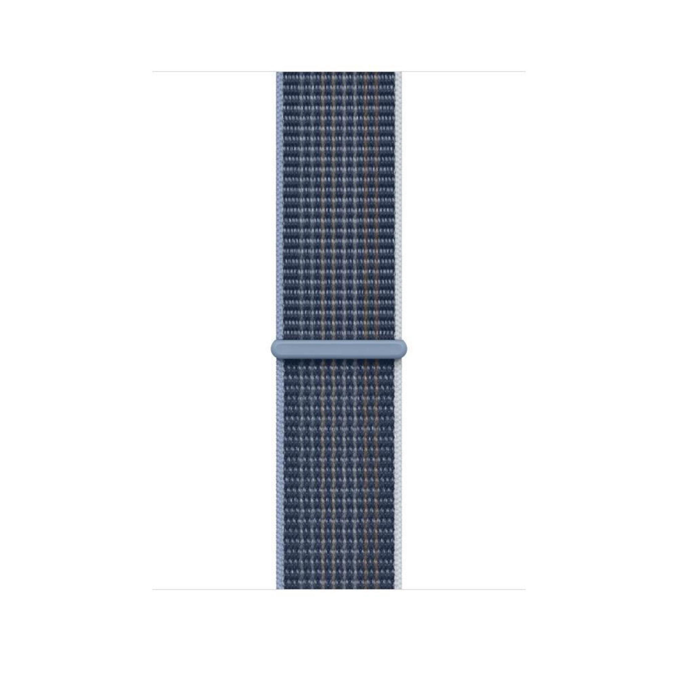 Blue and gray striped Apple Watch band with a blue band holder.