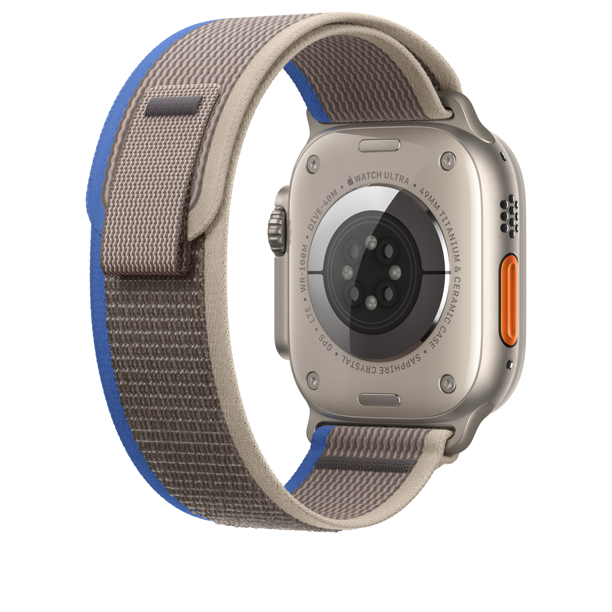 Silver Apple Watch Ultra with tan and blue band. The band has blue accents.