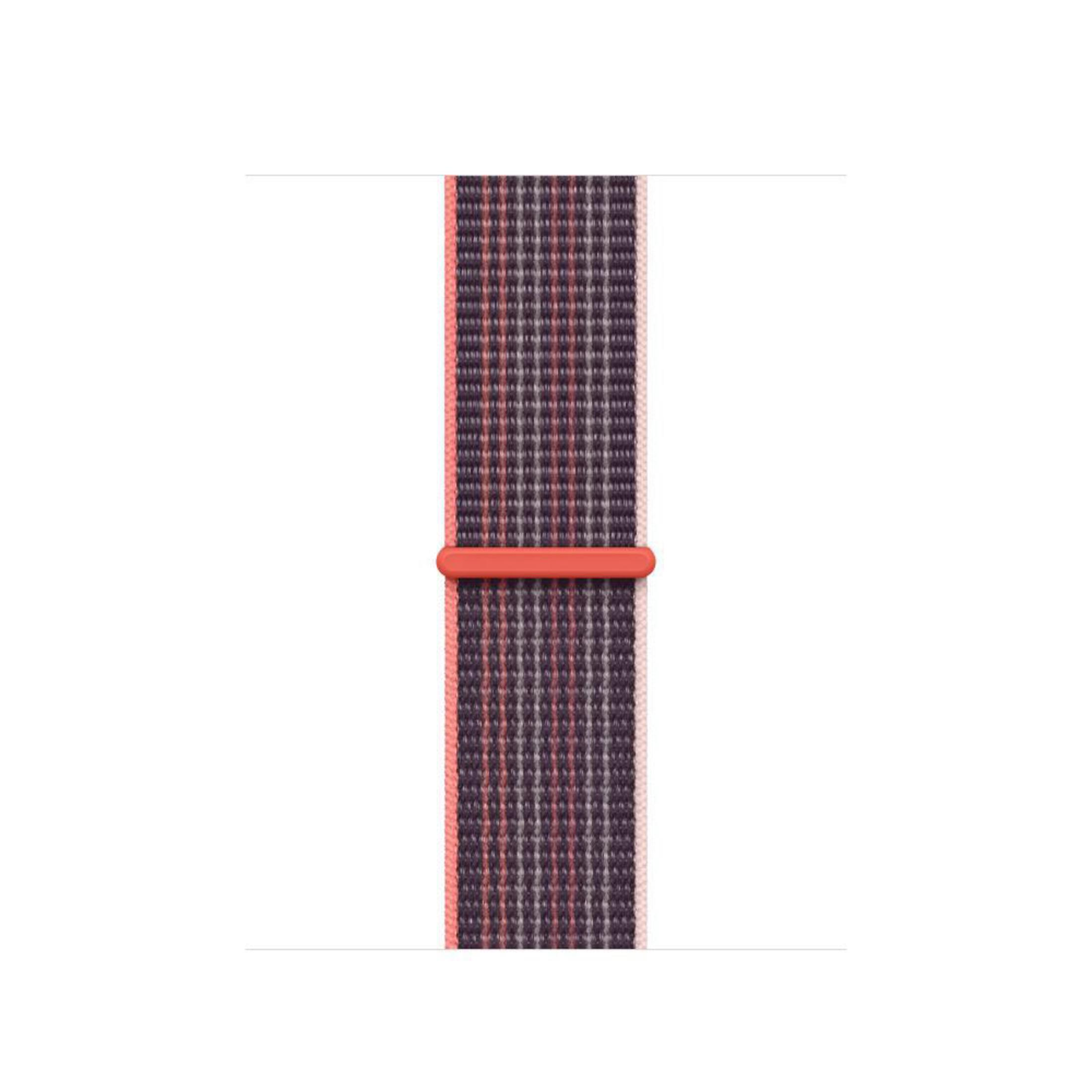 Cinturino Apple Watch a righe rosa e viola con un supporto per cinturino arancione.