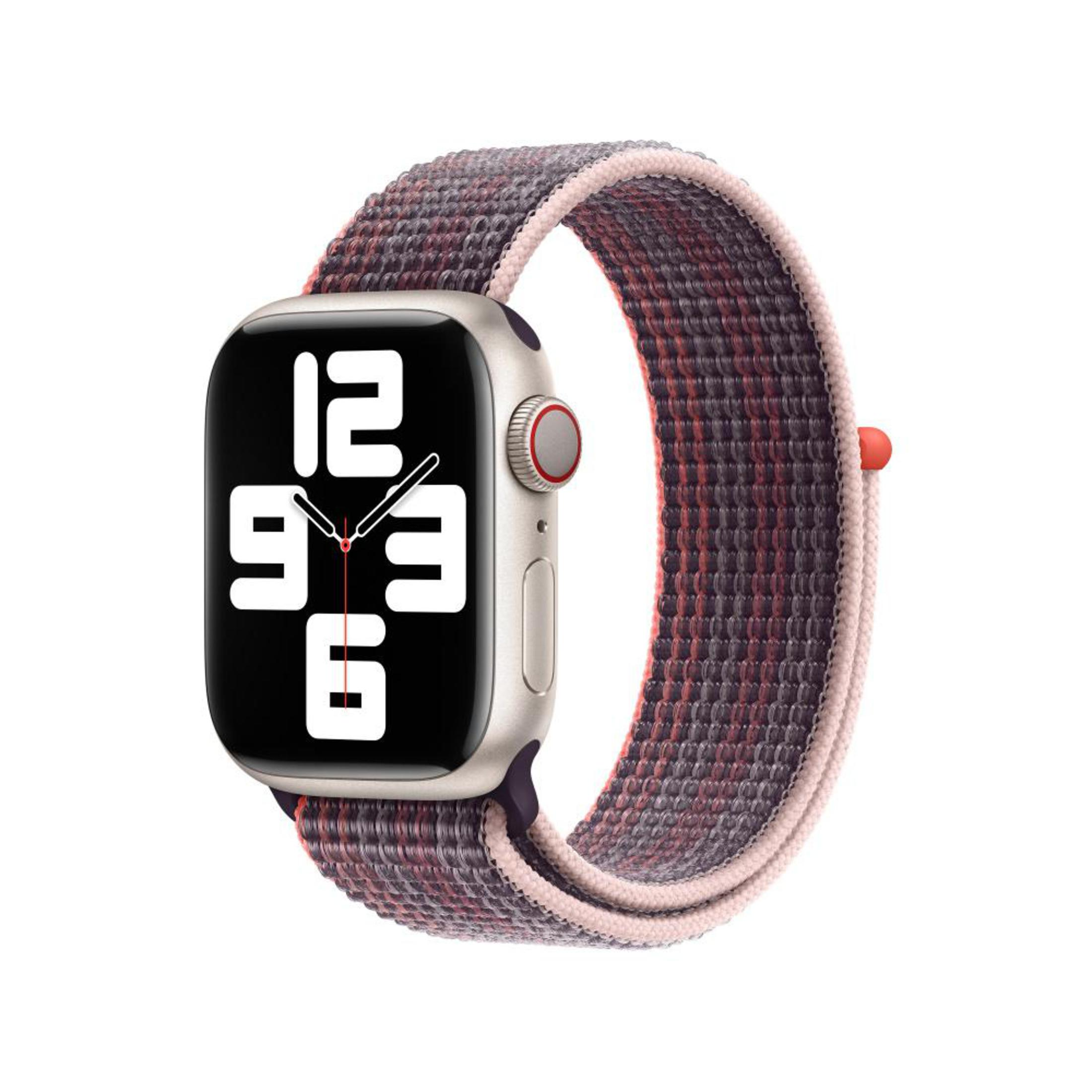 Un Apple Watch argentato con cinturino in tessuto rosso e rosa, che mostra un orologio digitale.