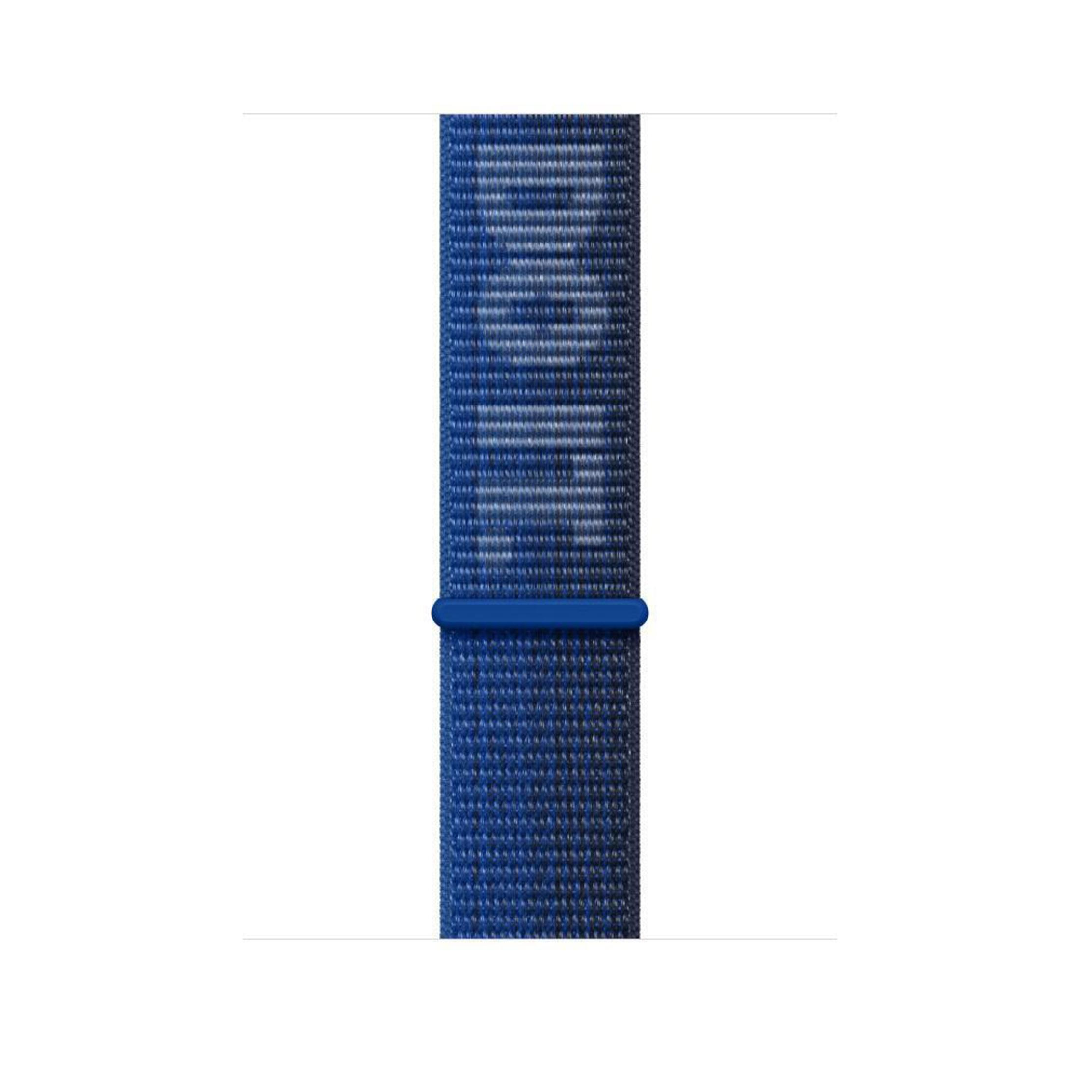 A close-up of a blue fabric watch band with a blue clasp.