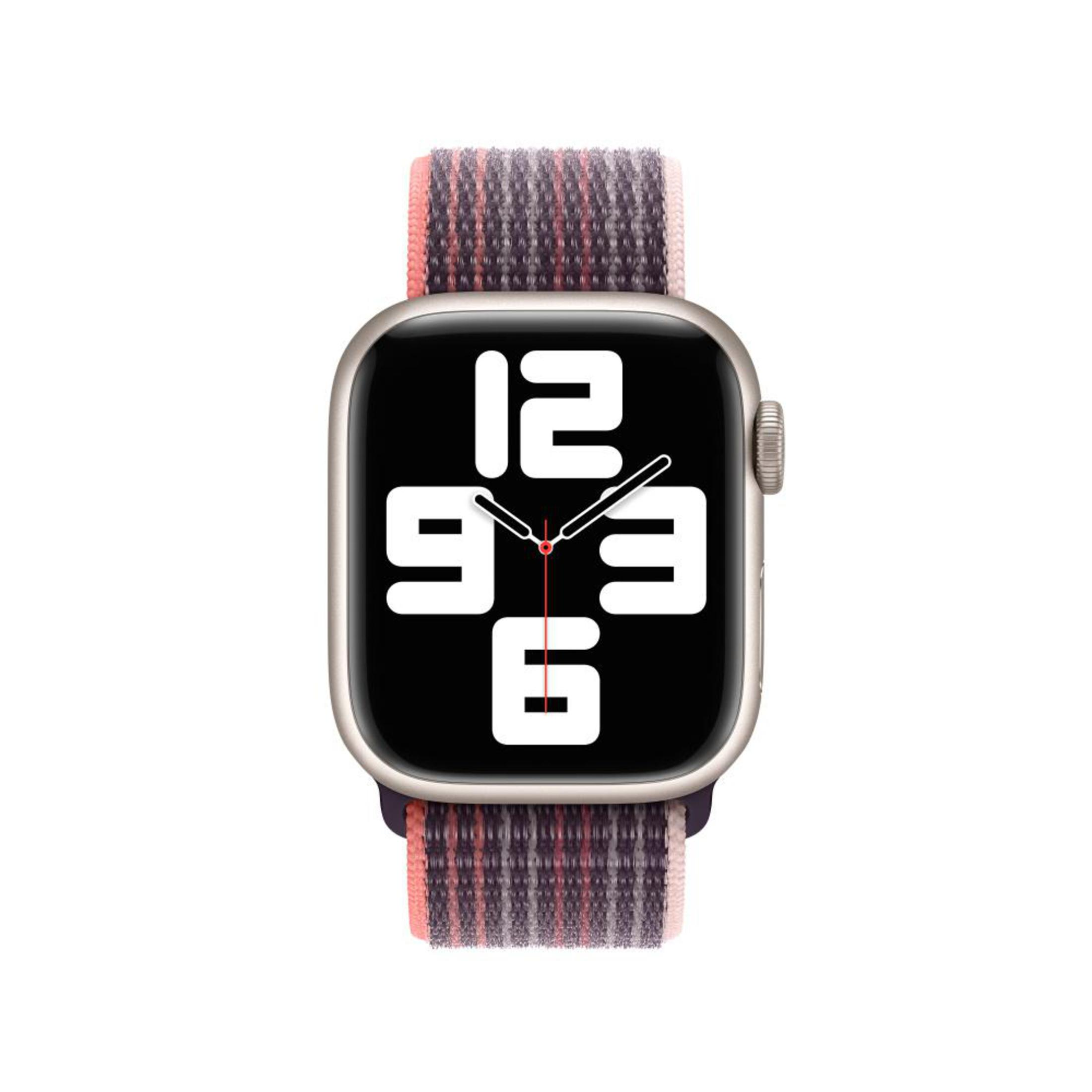 Un Apple Watch con cassa argentata e cinturino in tessuto rosso e rosa, che mostra un orologio digitale.
