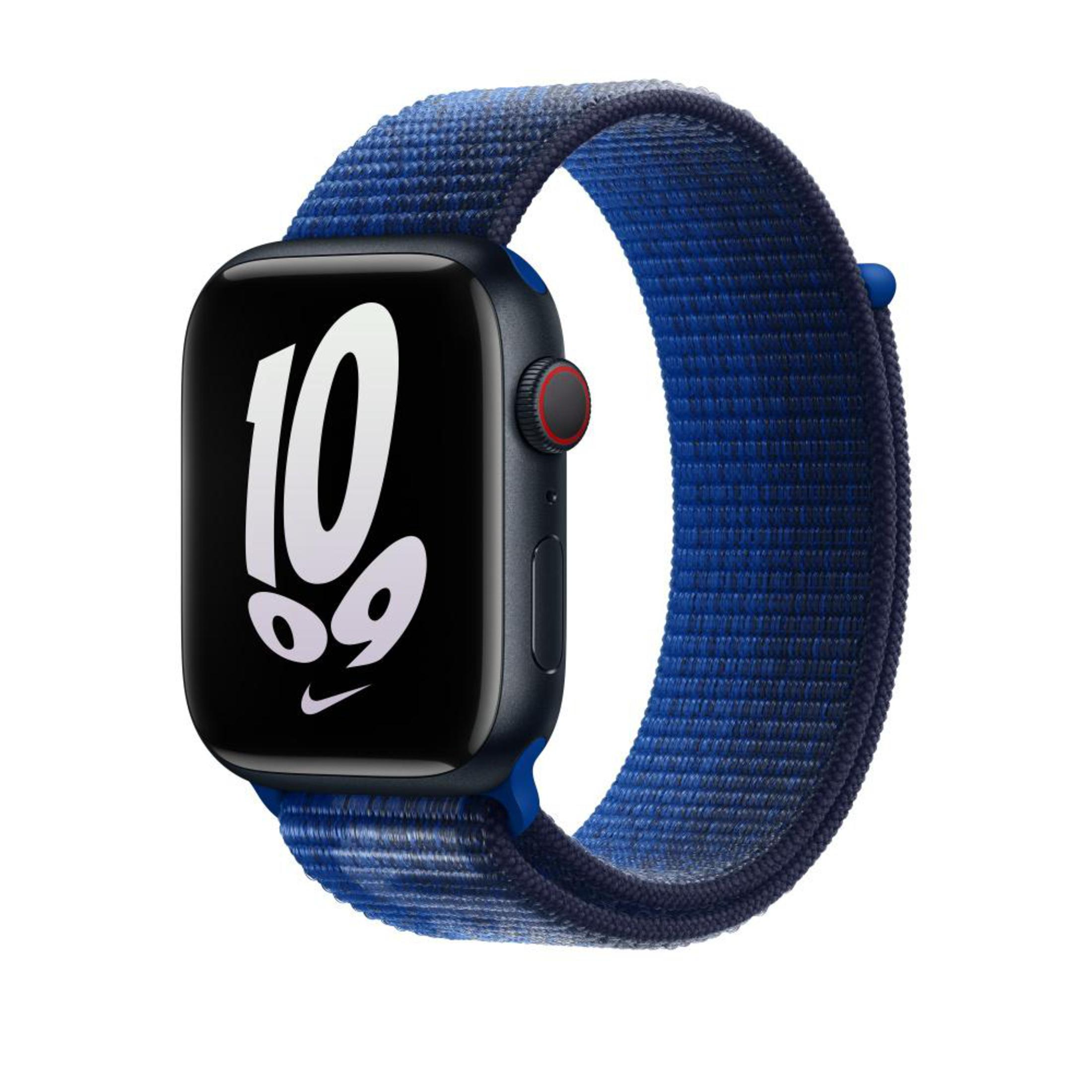 Black Apple Watch with a blue fabric strap, displaying '10' and a Nike logo on the screen.
