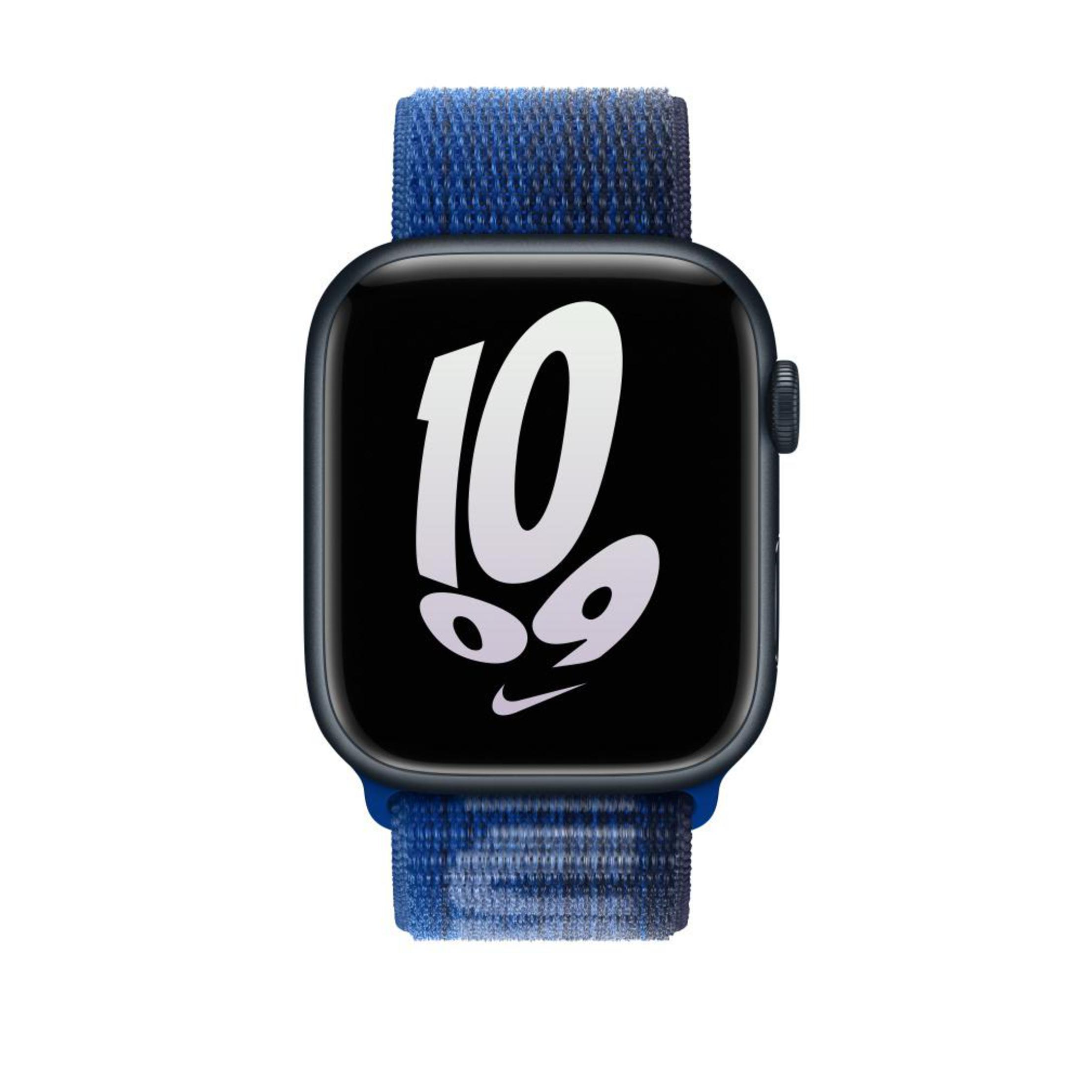 A blue Apple Watch Nike edition with a blue fabric band displaying the number 10 on the screen.