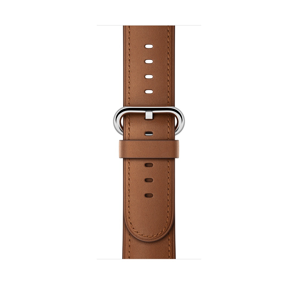 Nahaufnahme eines braunen Leder-Uhrenarmbands mit silberner Schnalle.
