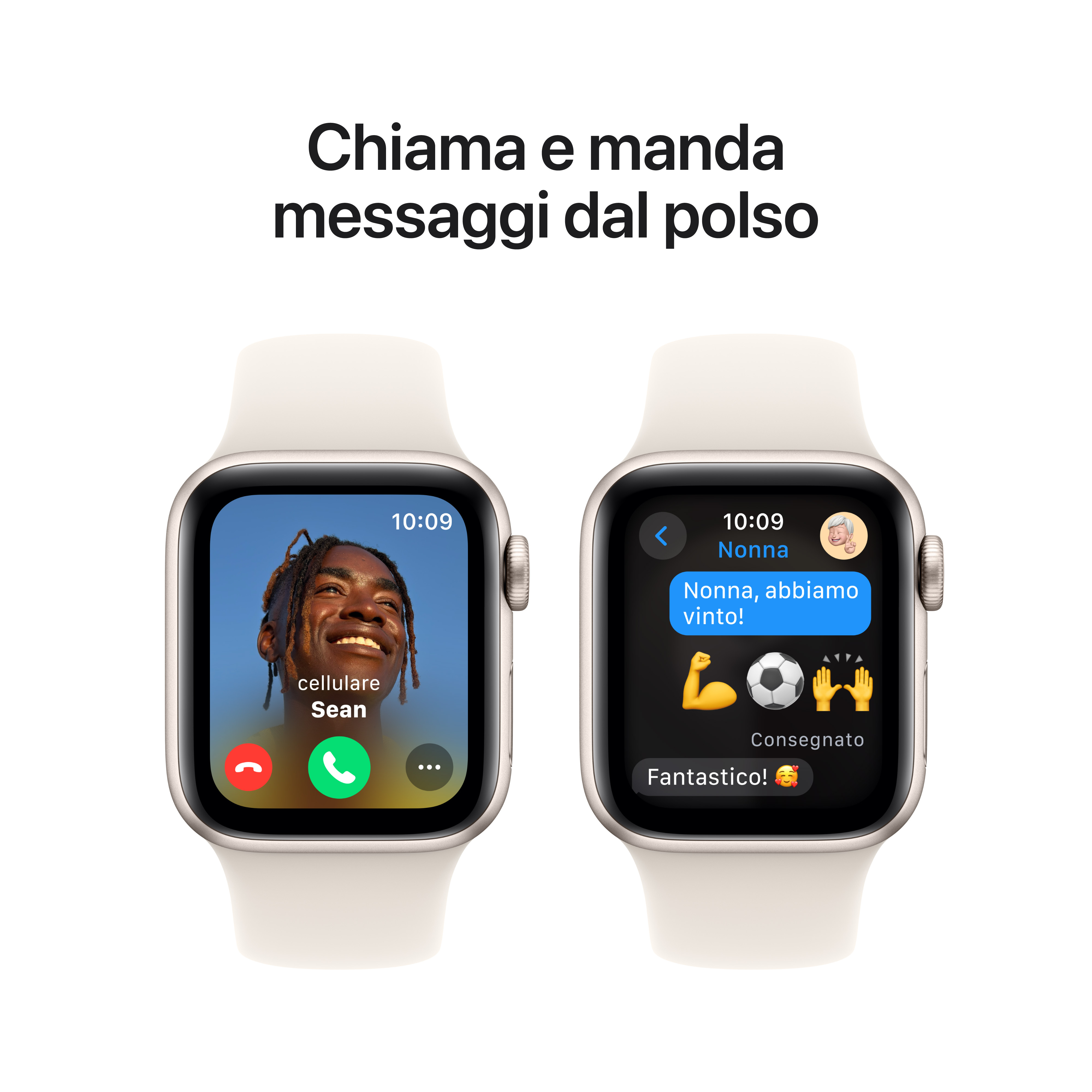 Dos Apple Watches mostrando llamadas y mensajes. Uno muestra una llamada de Sean.