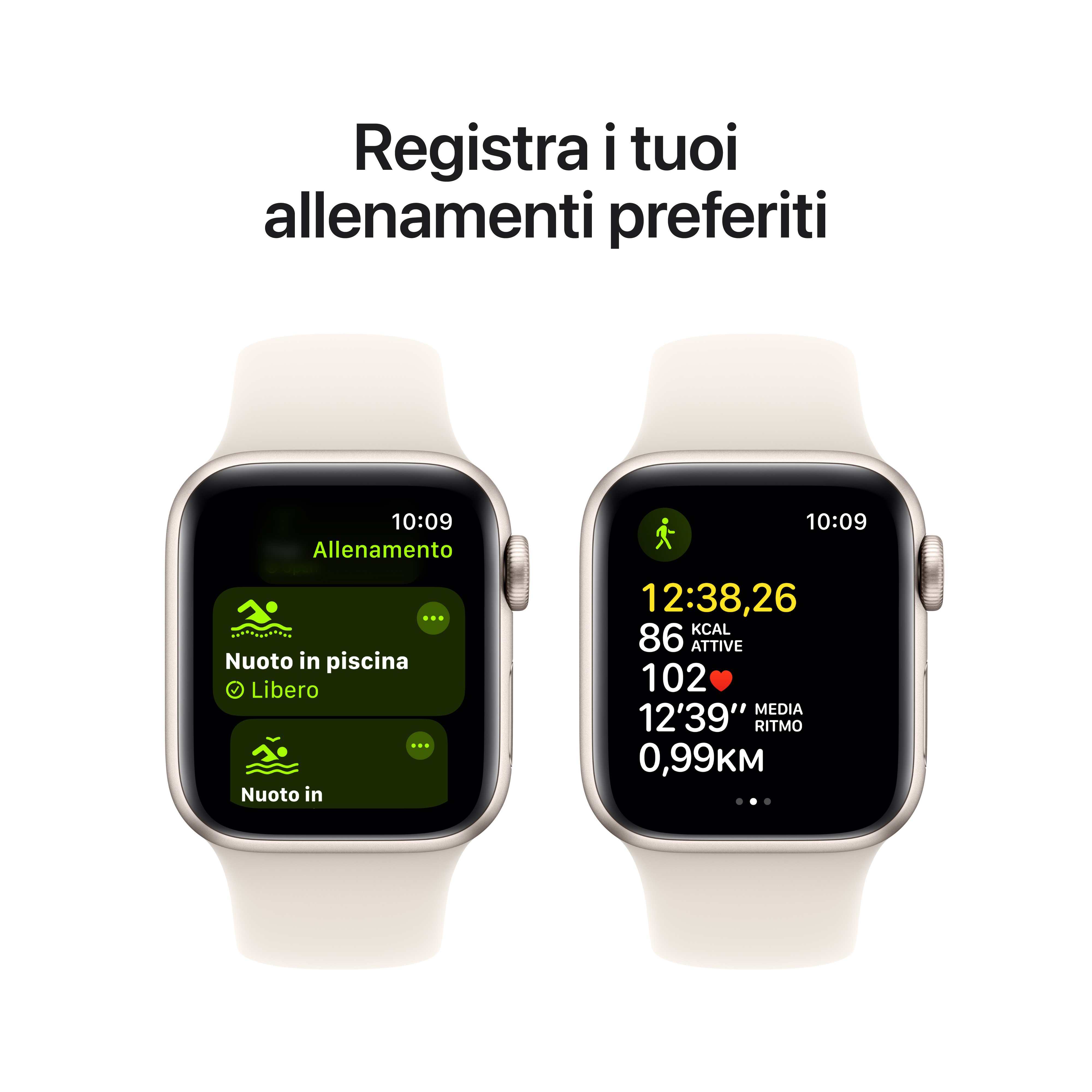 Dos smartwatches muestran datos de entrenamiento, mostrando métricas de natación y carrera.