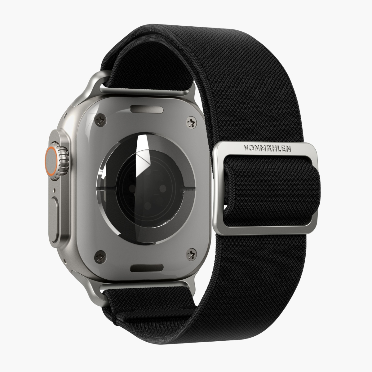 Srebrny Apple Watch, czarny pasek. Tył pokazuje szczegóły.