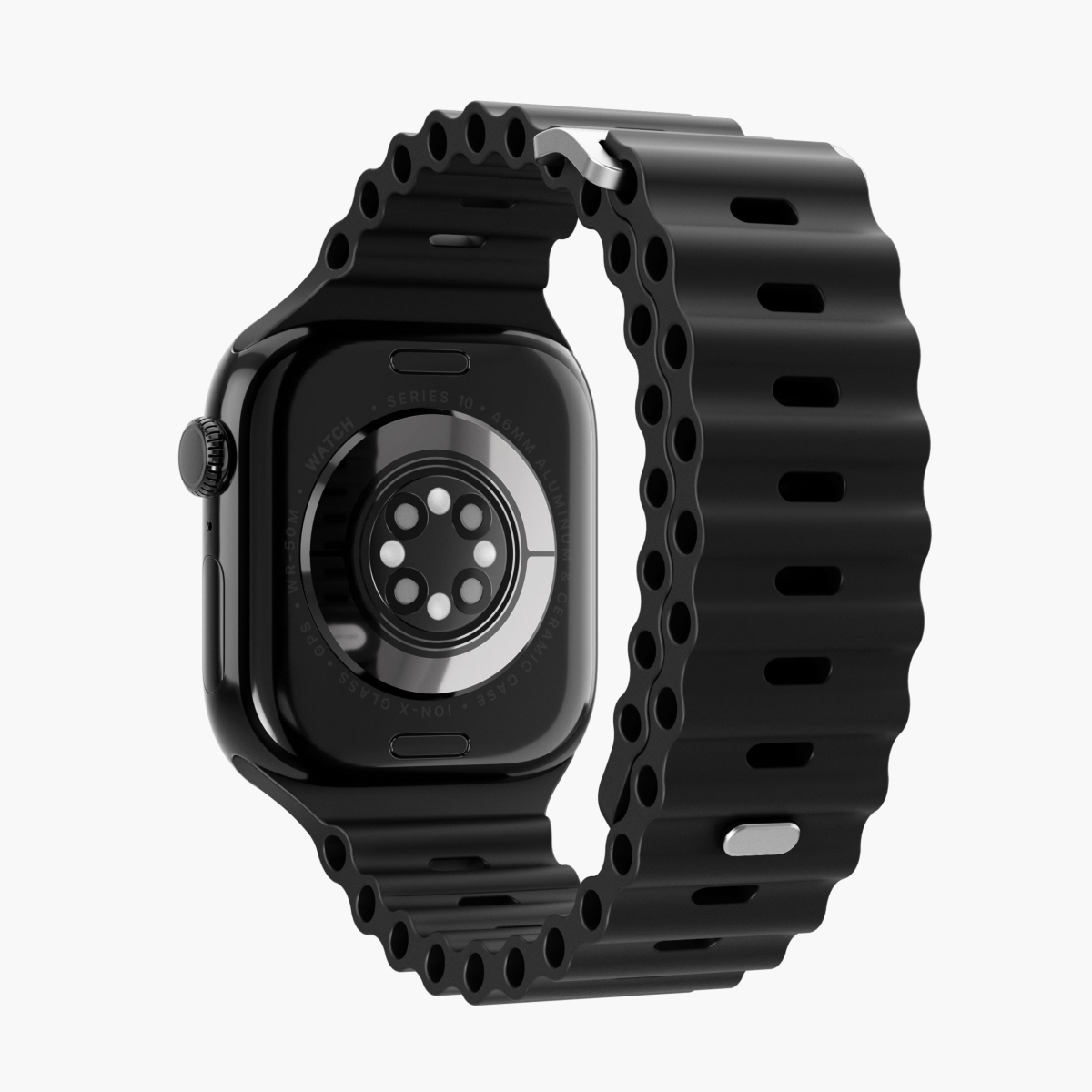 Czarny Apple Watch, czarny pasek. Tył pokazuje czujniki i szczegóły.