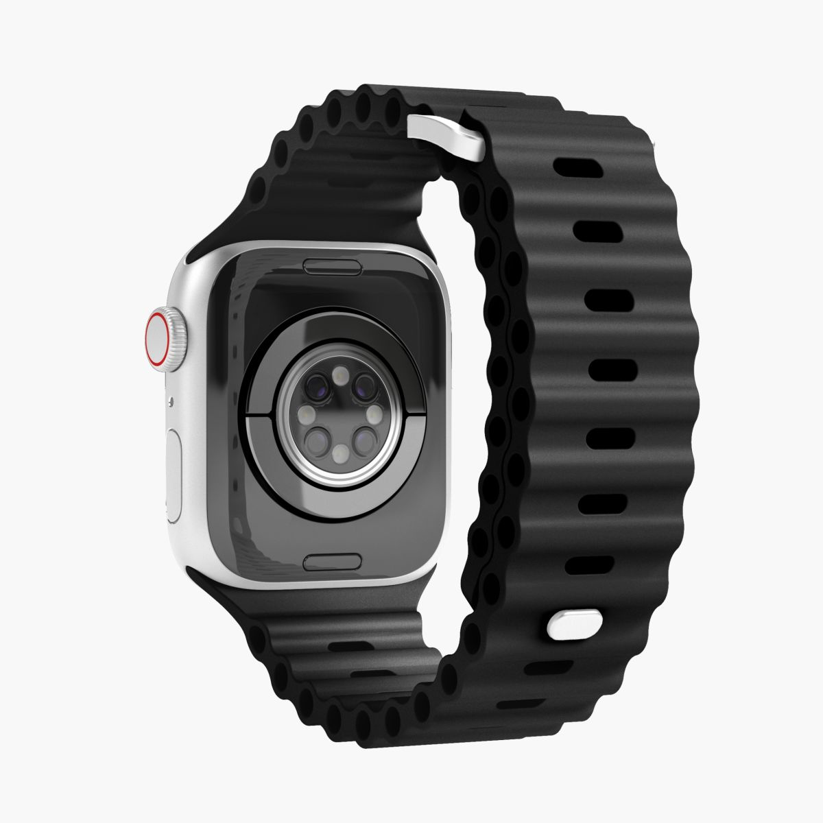 Silberne Apple Watch, schwarzes Armband. Rückseite zeigt Sensoren.