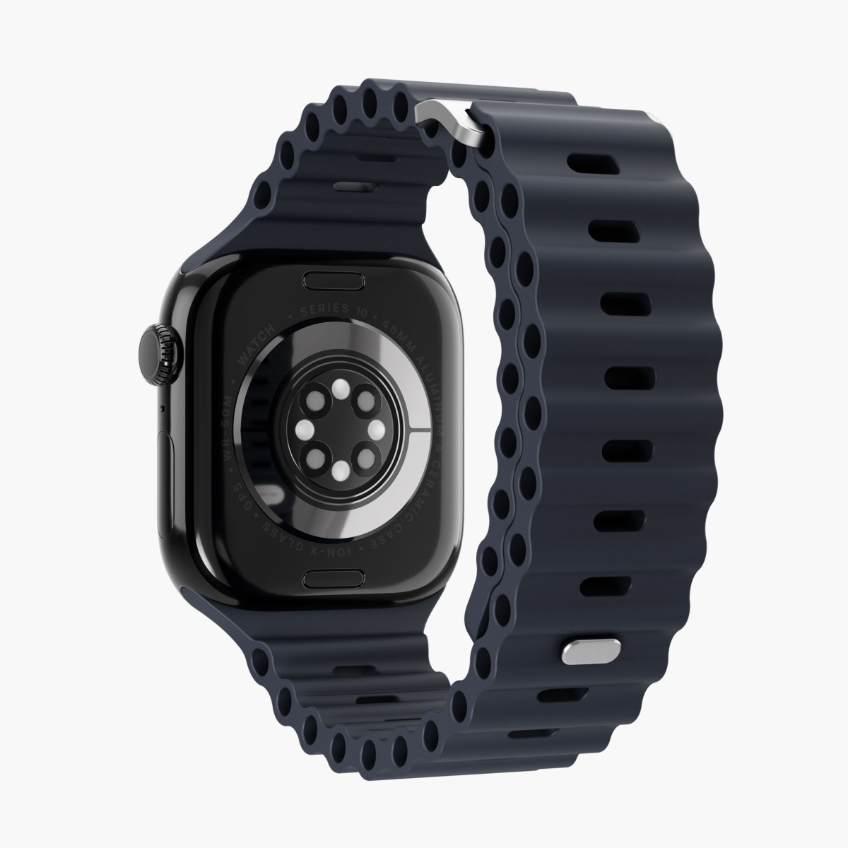 Ciemnoniebieski Apple Watch, pasek. Tył pokazuje czujniki i szczegóły.