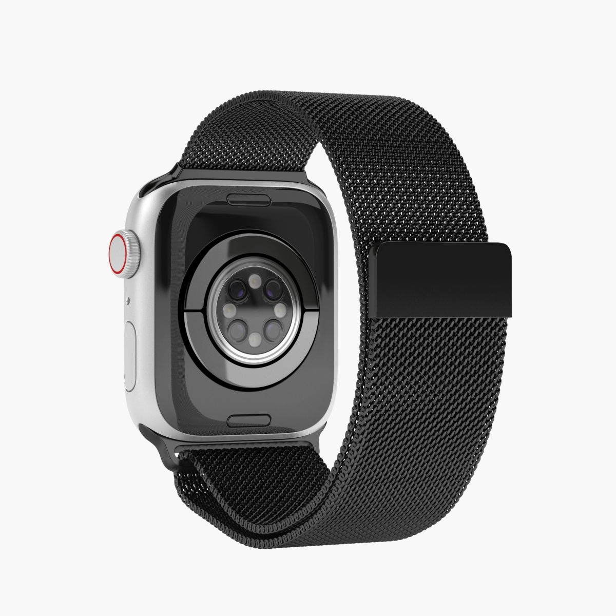 Silberne Apple Watch mit schwarzem Mesh-Armband. Rückseite zeigt Sensoren.