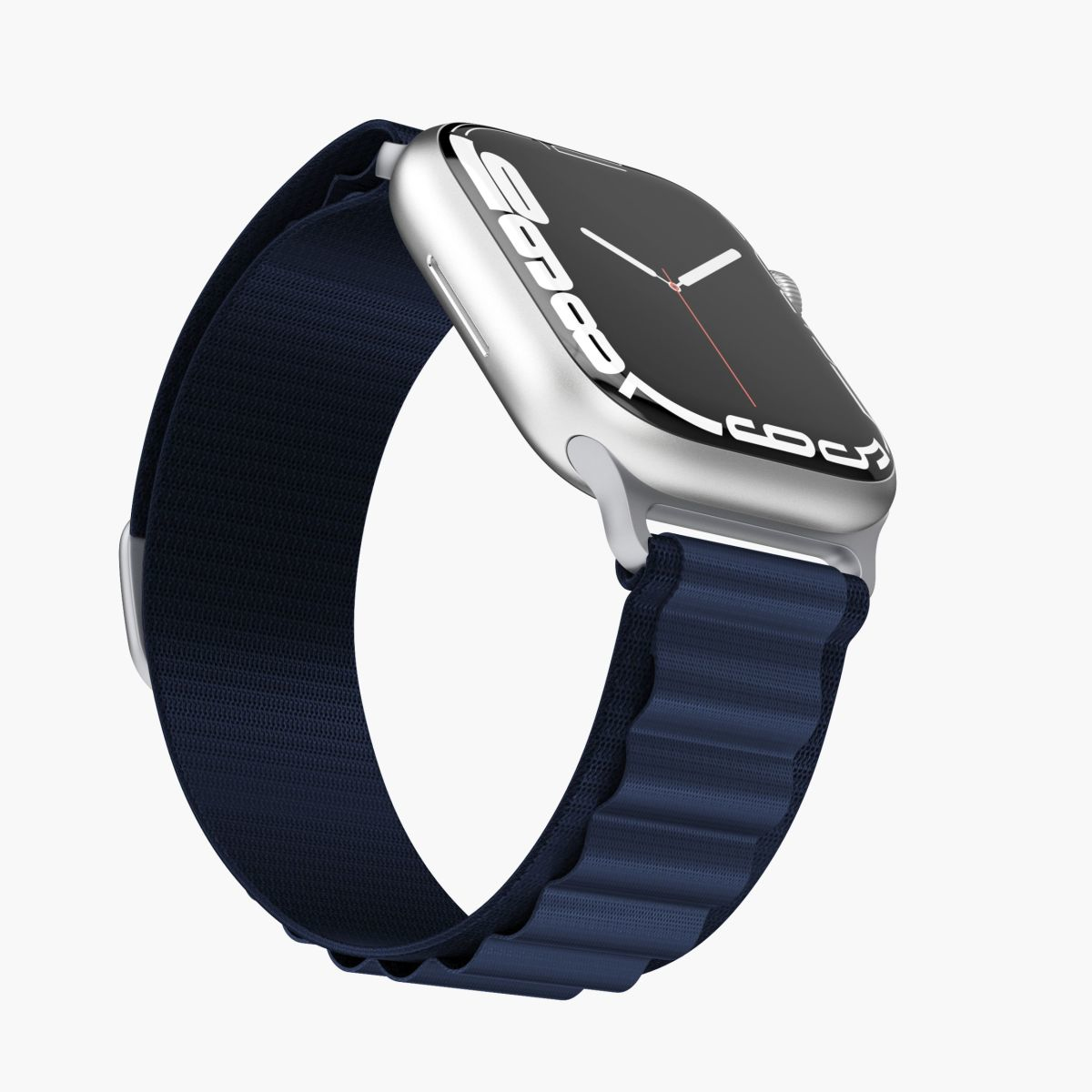 Silberne Apple Watch mit dunkelblauem Armband. Zifferblatt ist an.