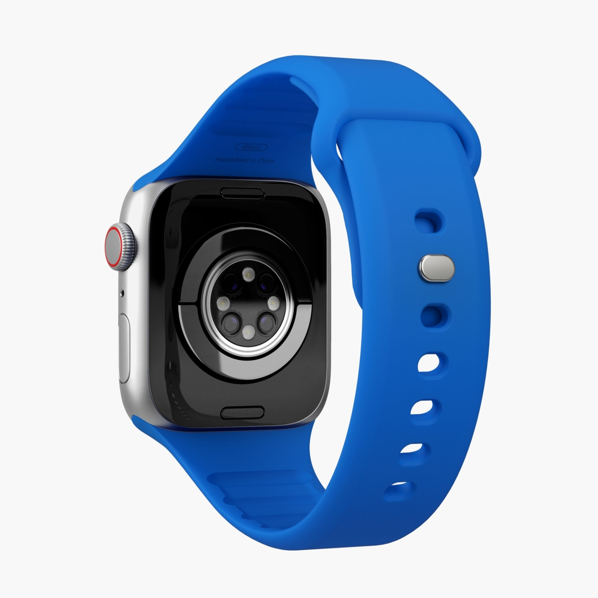 Srebrny Apple Watch z niebieskim paskiem. Zegarek na białym tle.