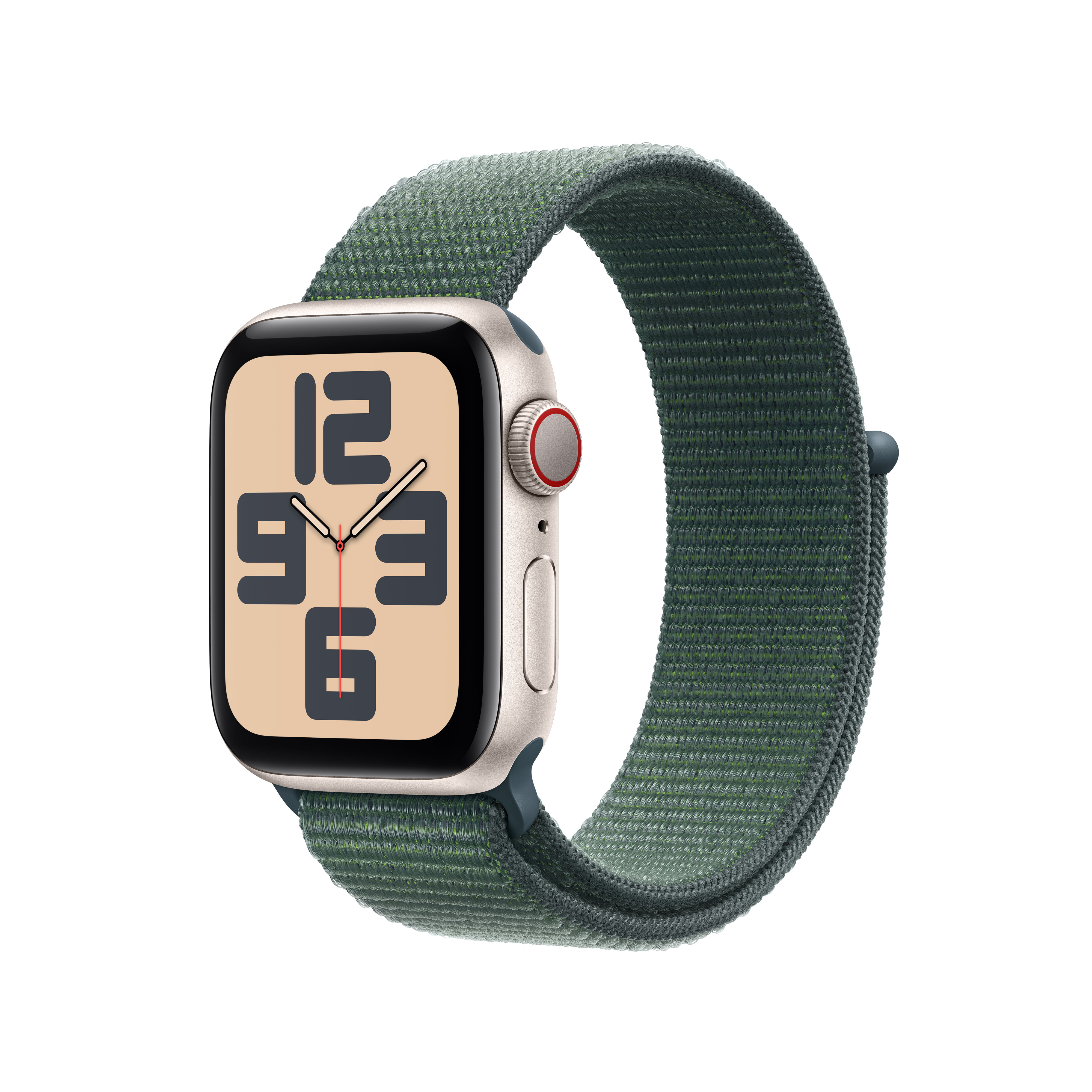 Yeşil spor döngü kayışlı Apple Watch, siyah rakamlı bej kadran ve kırmızı düğme.