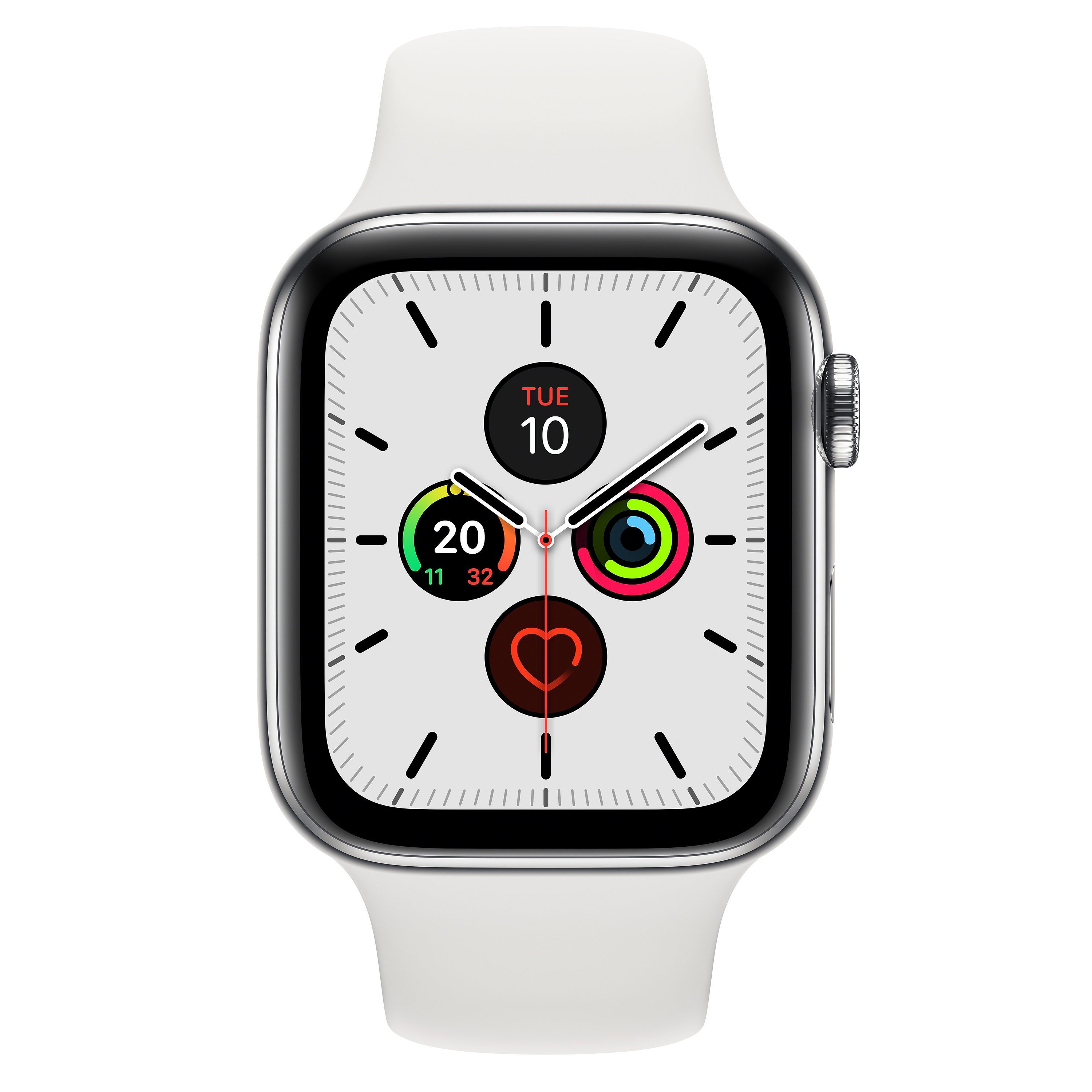 Apple Watch mit weißem Band, schwarzem Bildschirm mit Uhrzeit, Datum und farbigen Ringen.