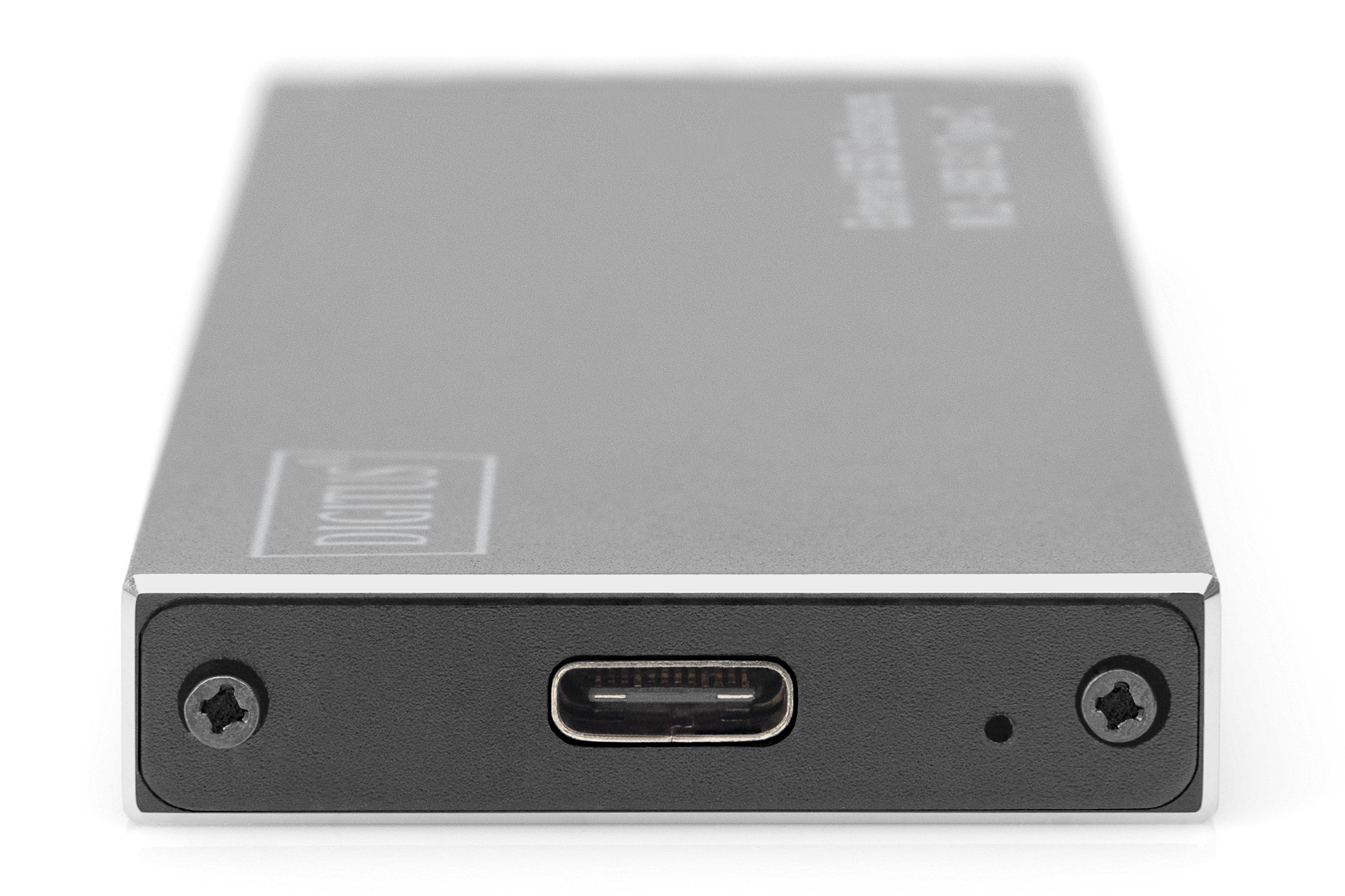 Silbernes Digitus externes Festplattengehäuse, mit USB-Anschluss und Schraubenlöchern sichtbar.