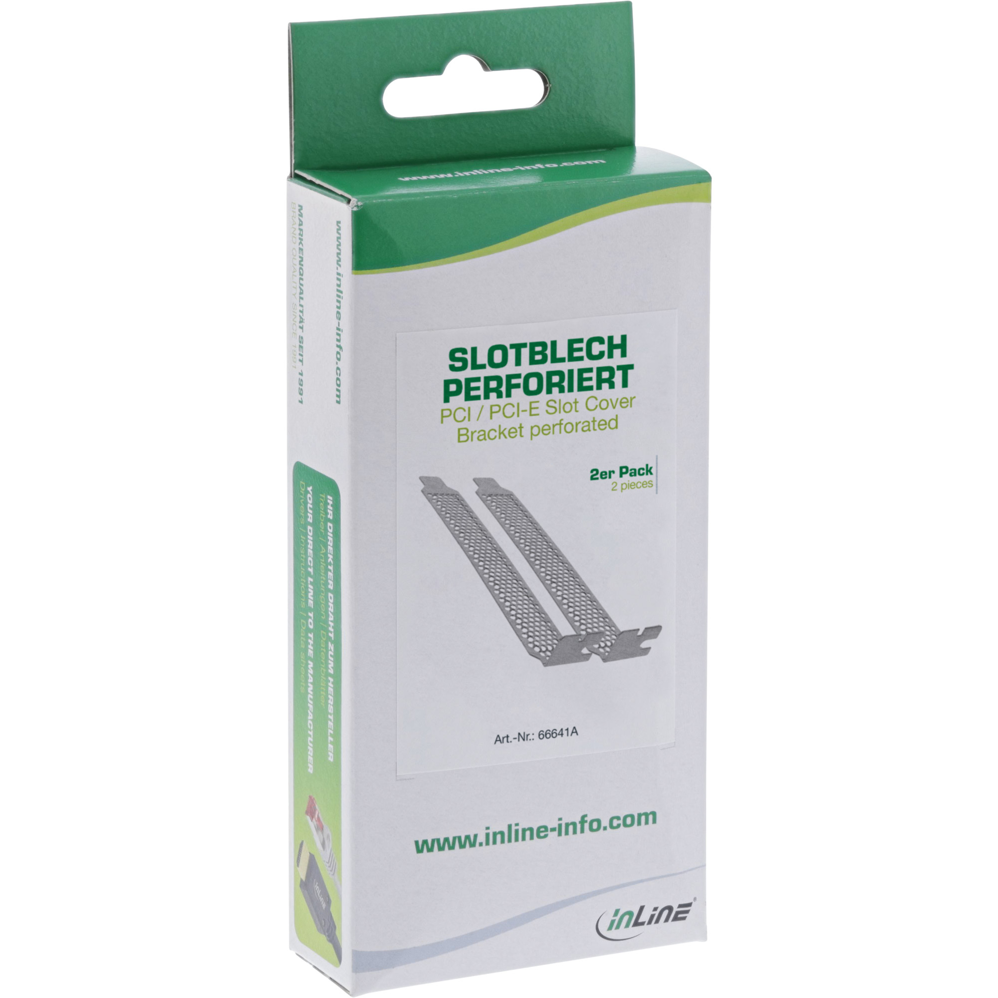 Eine weiße Box mit zwei perforierten PCI-E-Slotblenden. Die Box hat Text und das inLine-Logo.