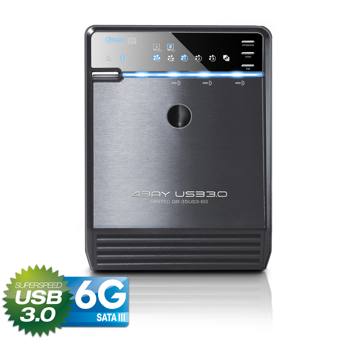 Schwarzes und silbernes FANTEC USB 3.0 externes Festplattengehäuse mit Etikett.