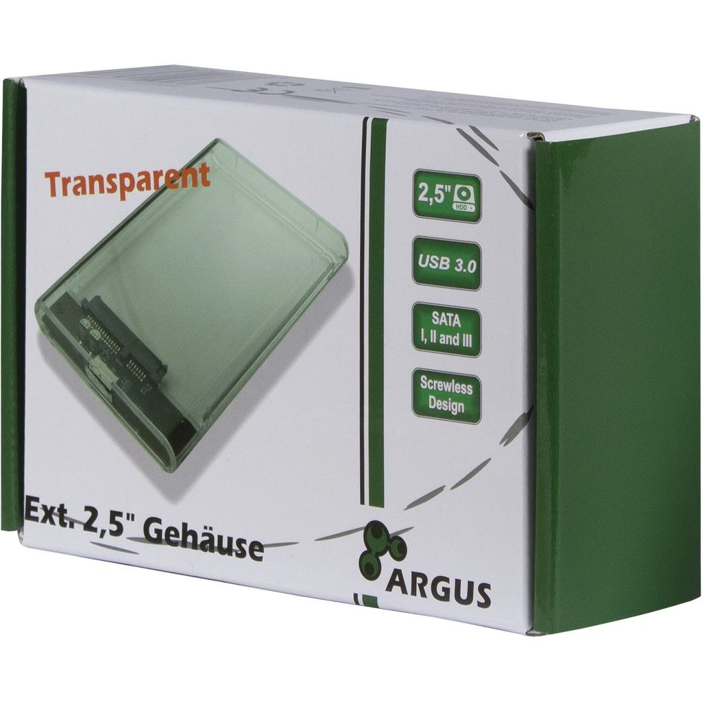 Eine transparente grüne externe Festplattenhülle mit schwarzem Innenraum und dem Argus-Logo.