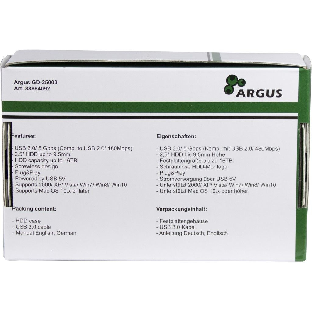 Box mit Produktdetails, einschließlich Funktionen, Packungsinhalt und dem Argus-Logo.
