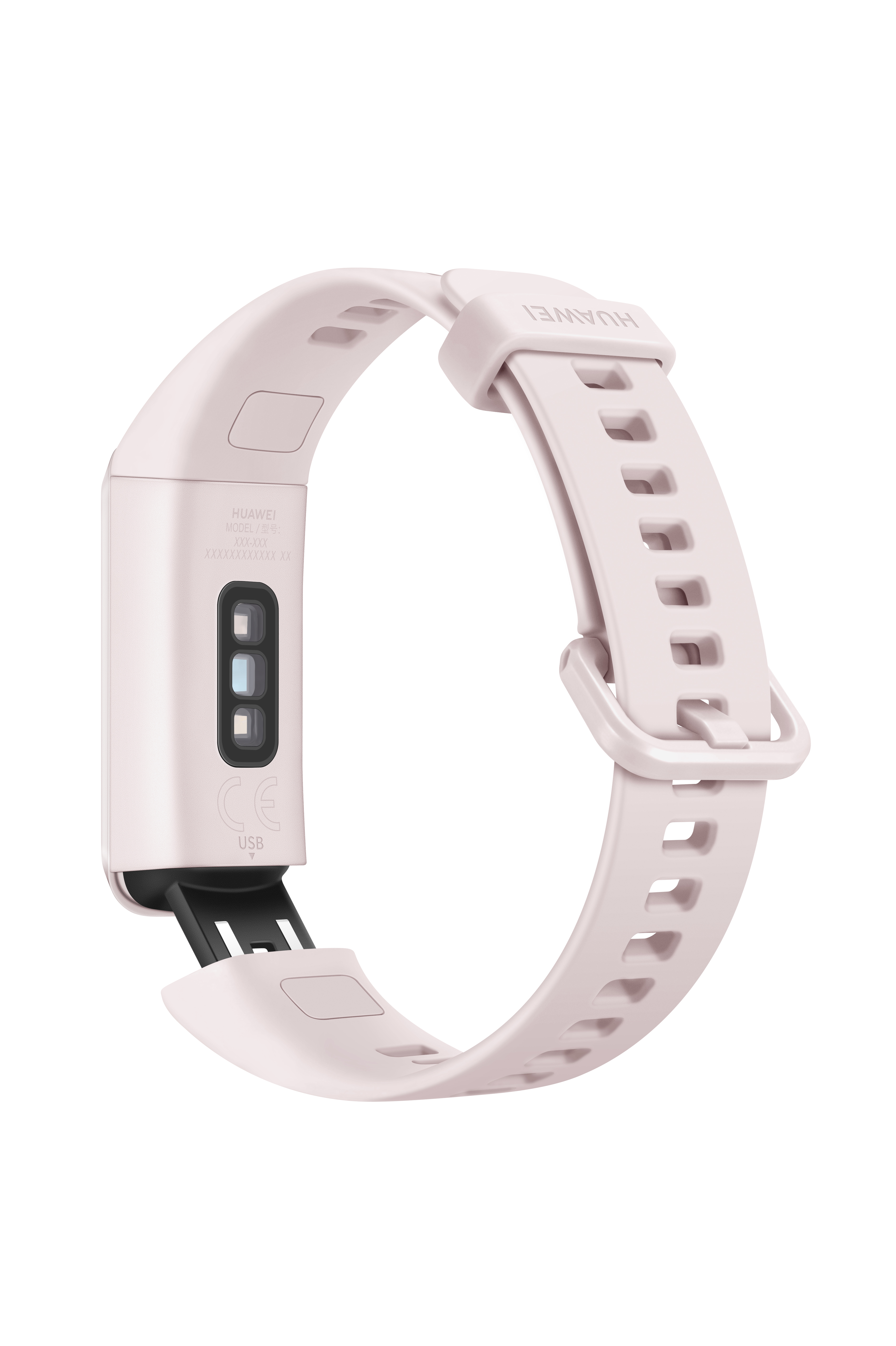 Fitness tracker rosa con cinturino rosa. Mostra retro e parte del cinturino.