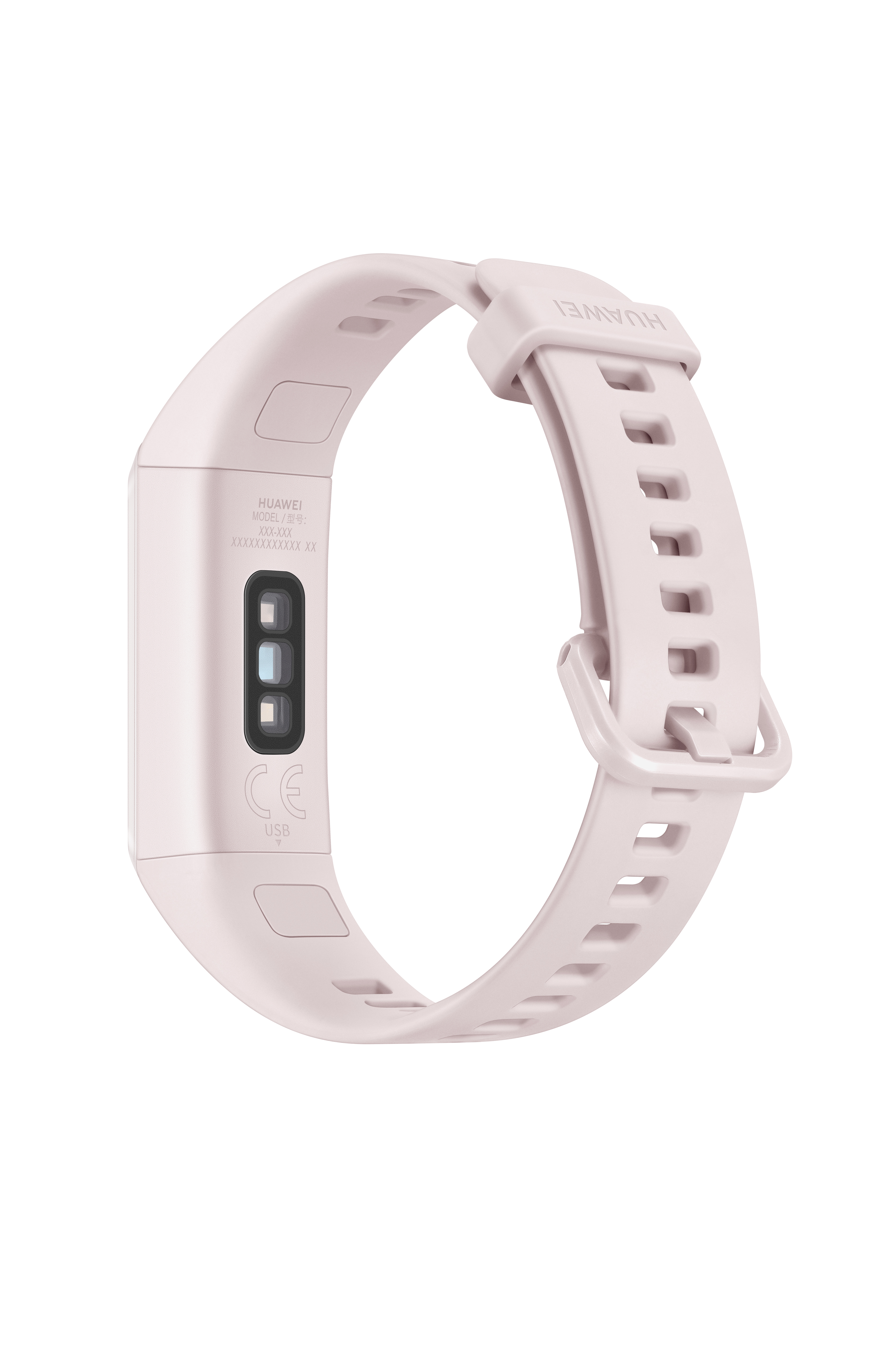 Fitness tracker rosa con cinturino rosa. Vista posteriore del tracker.