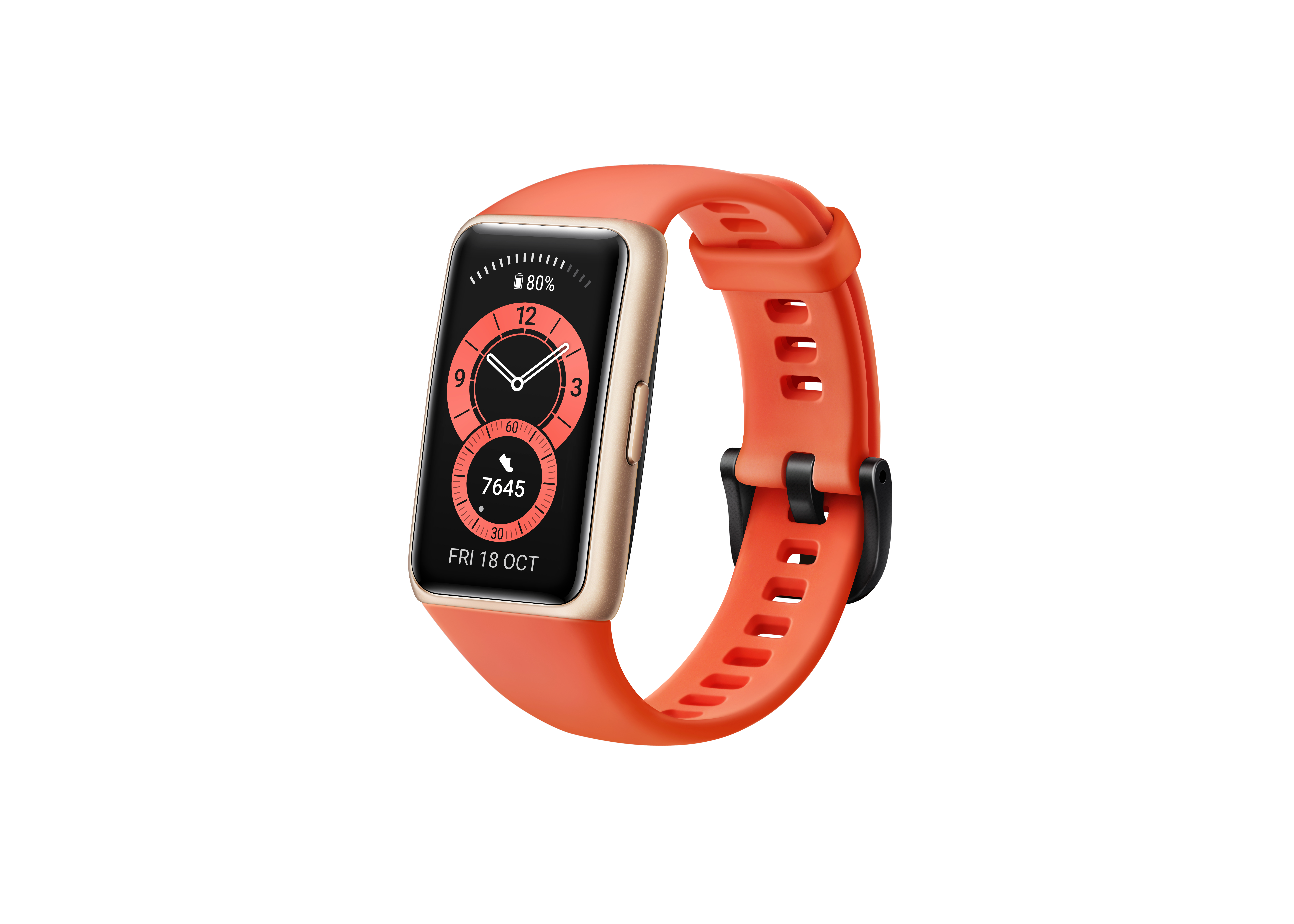 Smartwatch arancione con quadrante rotondo. Lunetta nera e cinturino arancione su bianco.