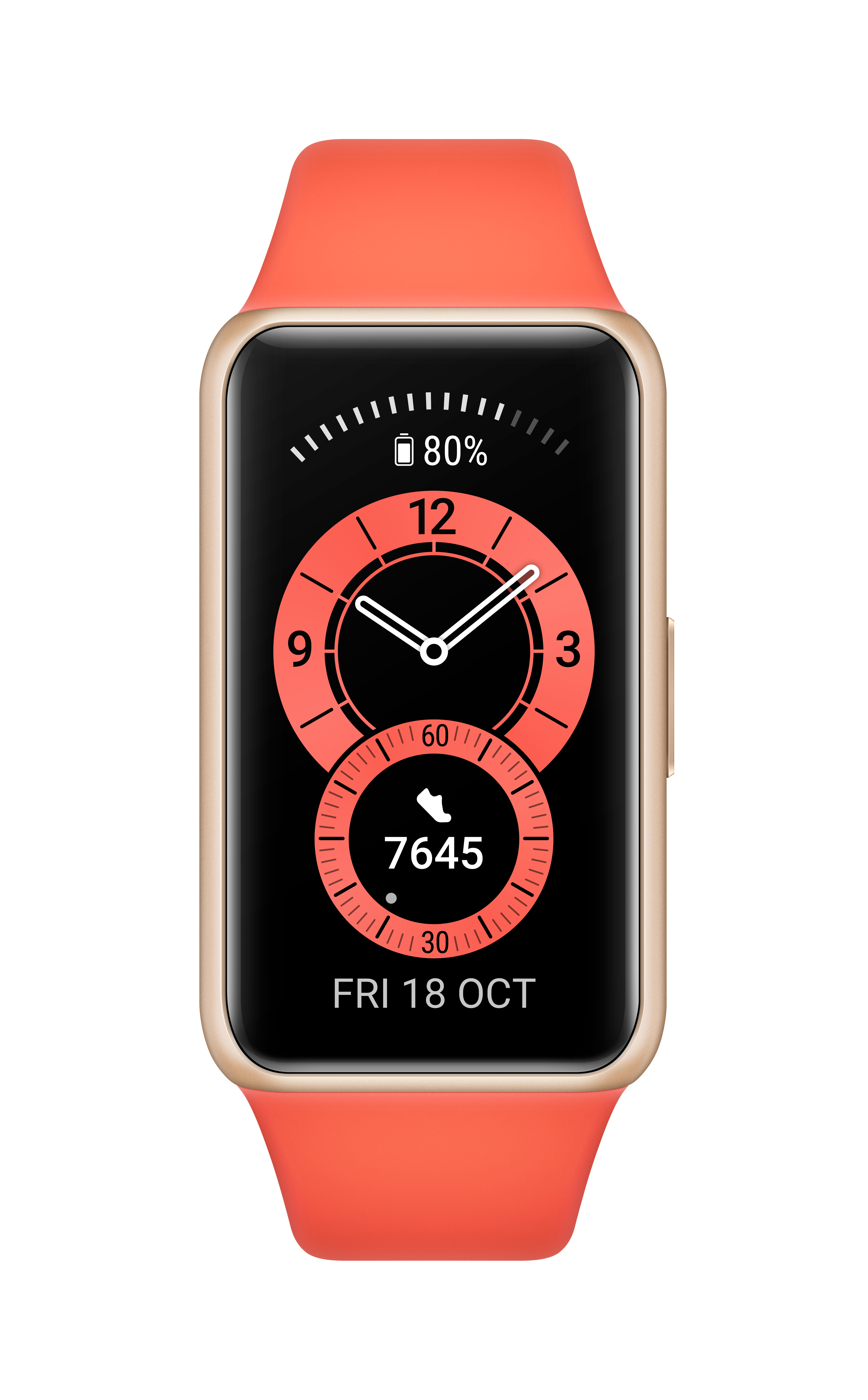 Smartwatch con cinturino rosa. Visualizza ora, passi e batteria. Dettagli oro e neri.