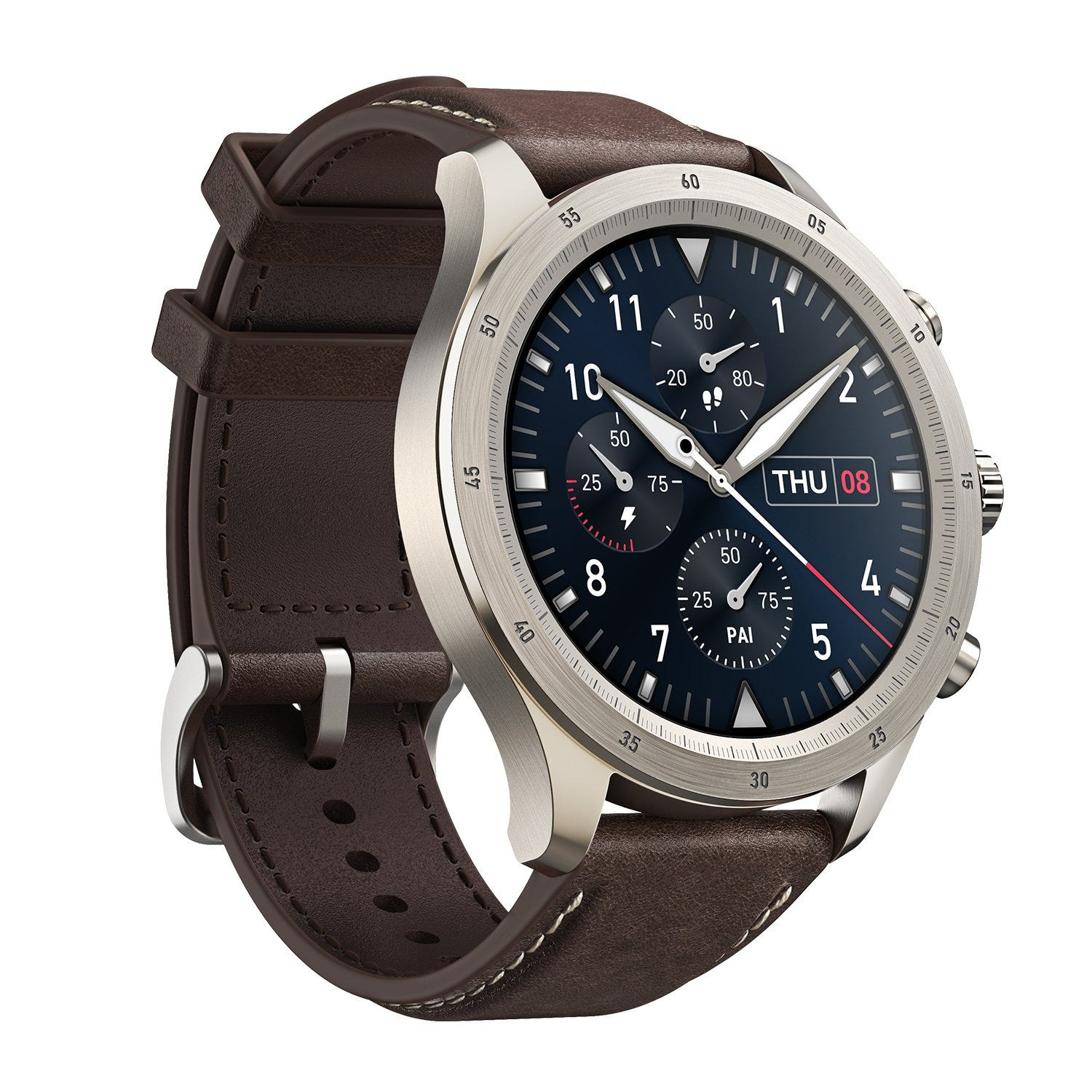 Smartwatch mit braunem Lederarmband. Silbernes Gehäuse, schwarzes Display.